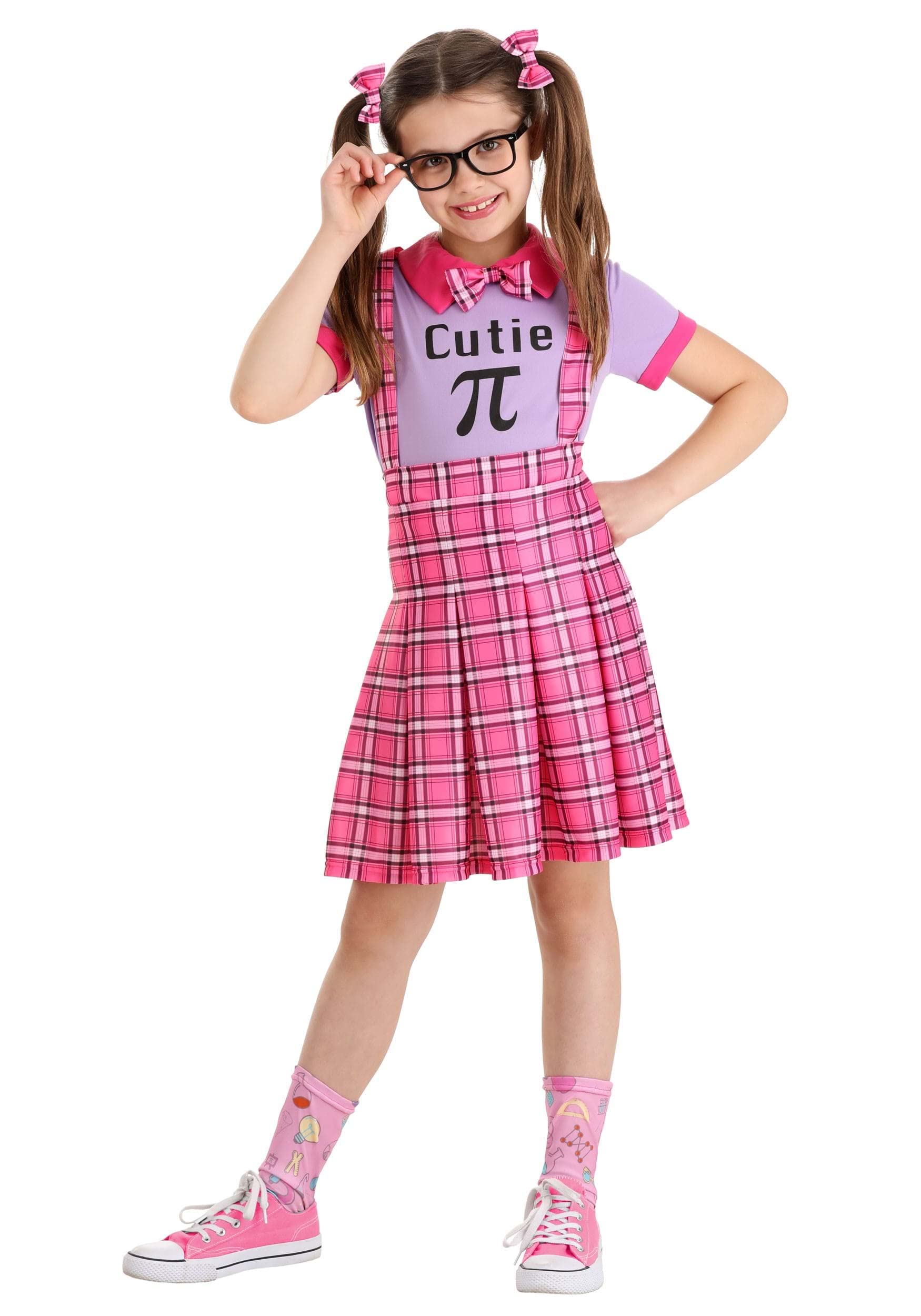 Science Nerd Costume for Girls - Shirt, Skirt with Shoulder Straps, Bow Tie, Glasses, and Socks