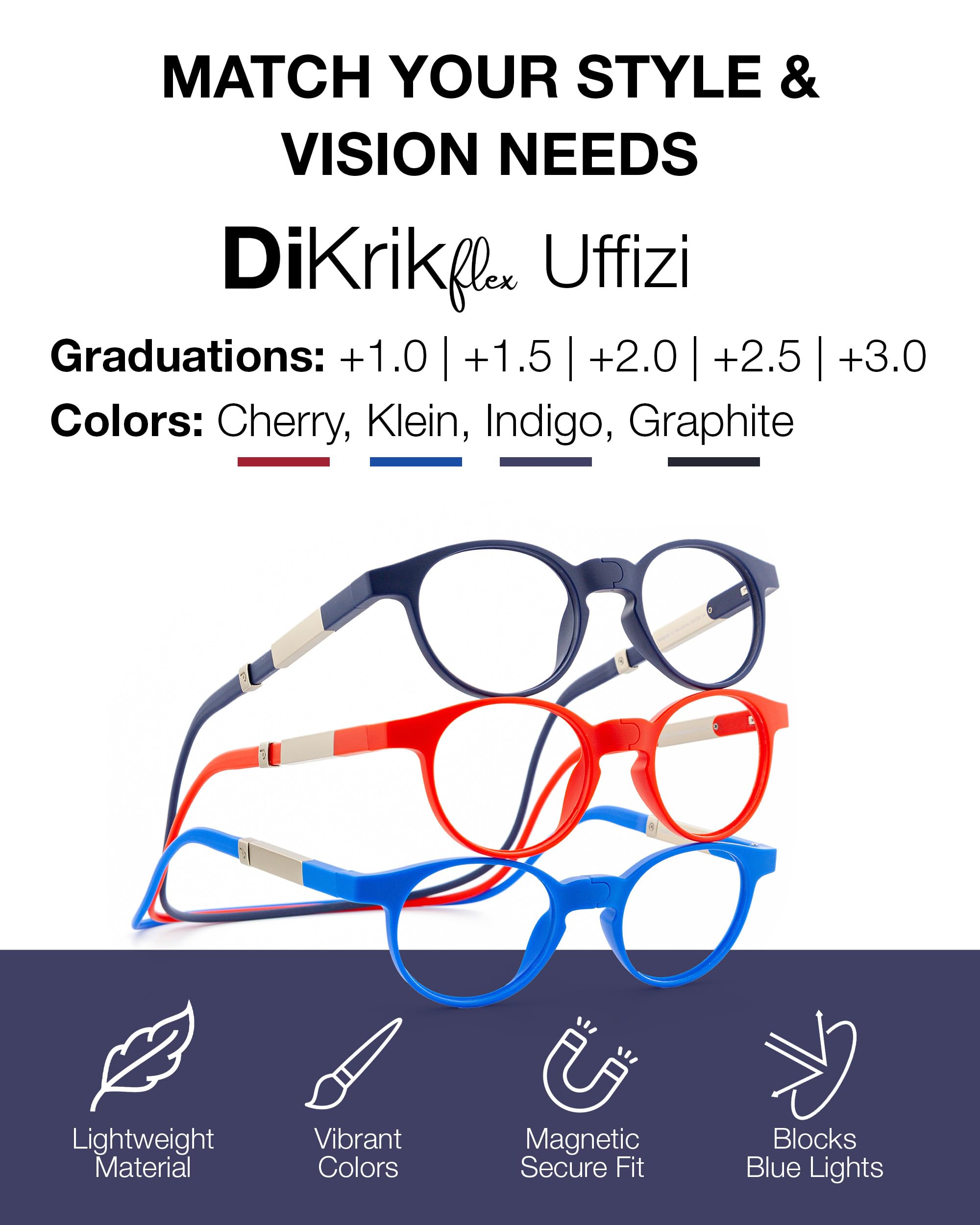 DIDINSKY Krik Occhiali da Lettura Magnetici, Anti Luce Blu | Chiusura magnetica frontale · Per leggere da vicino · Anti luce blu · Ingrandimento +1.0 a +3.0 · Custodia inclusa