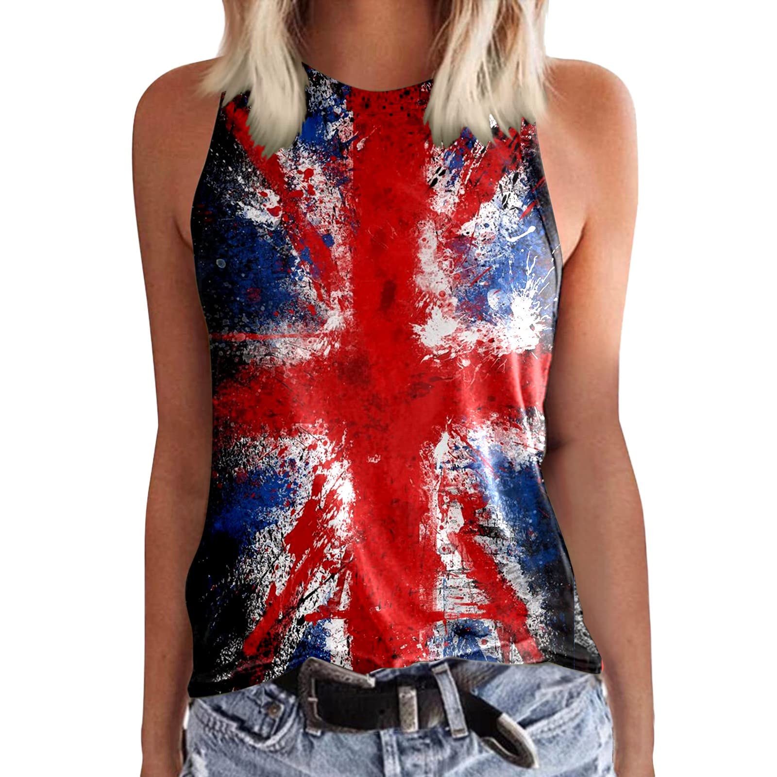 Tops for Women Trendy,Womens 4 of July Tank Tops Summer Casual Crew Neck Sleeveless Top Loose Fit Basic Tunic Shirts