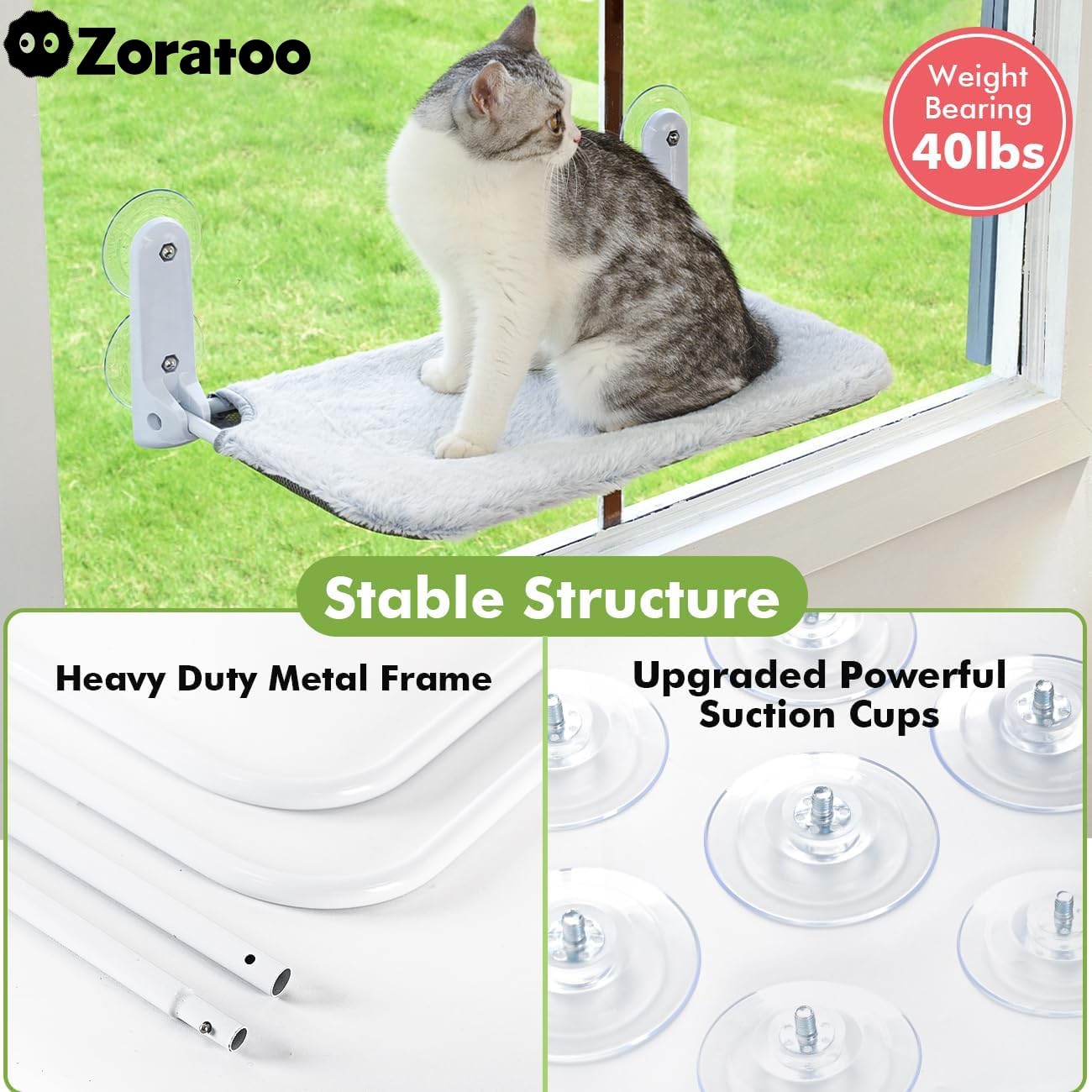 Zoratoo 2 hamacas plegables inalámbricas con marco de metal y cubierta reversible, grandes ventosas para gatos de interior (M-2 piezas) (gris, cama para gatos - L)