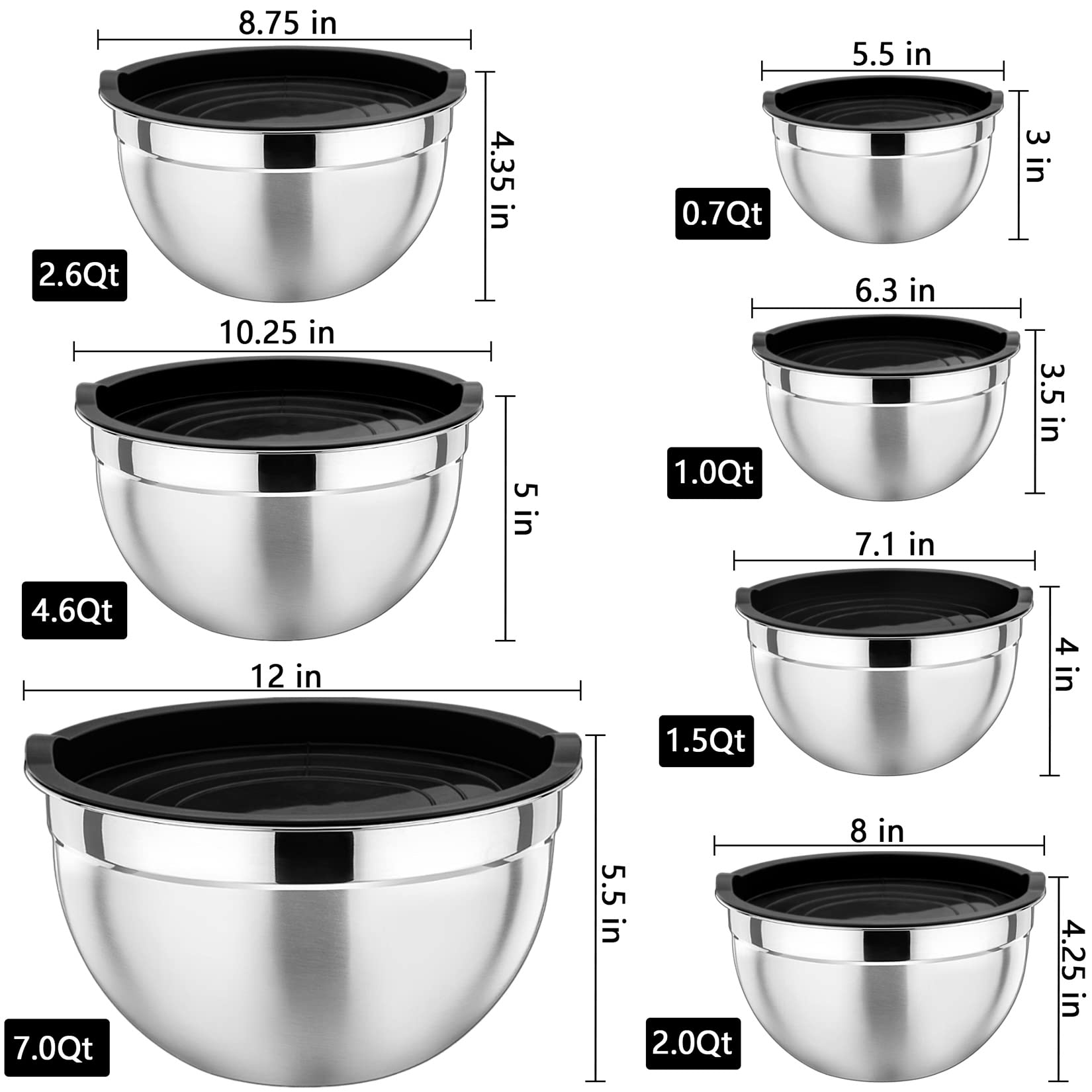 P&P CHEF Mixing Bowls with Lids Set of 7, Stainless Steel Nesting Salad Serving Bowls with 17Pcs Kitchen Tools for Prepping, Cooking, Storing, Sizes- 0.7, 1, 1.5, 2, 2.6, 4.6, 7 Qt - Black
