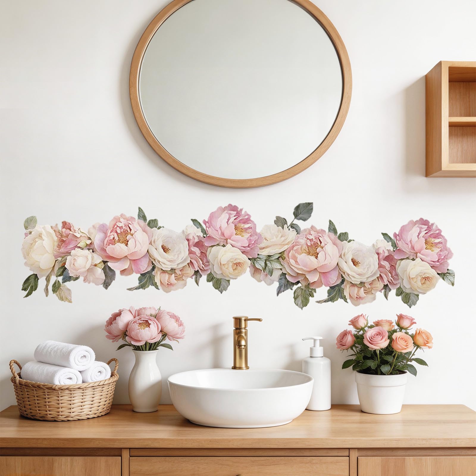 Pomodee Flower Wall Stickers–Pink Peony Floral Vine Bathroom Bedroom Decal