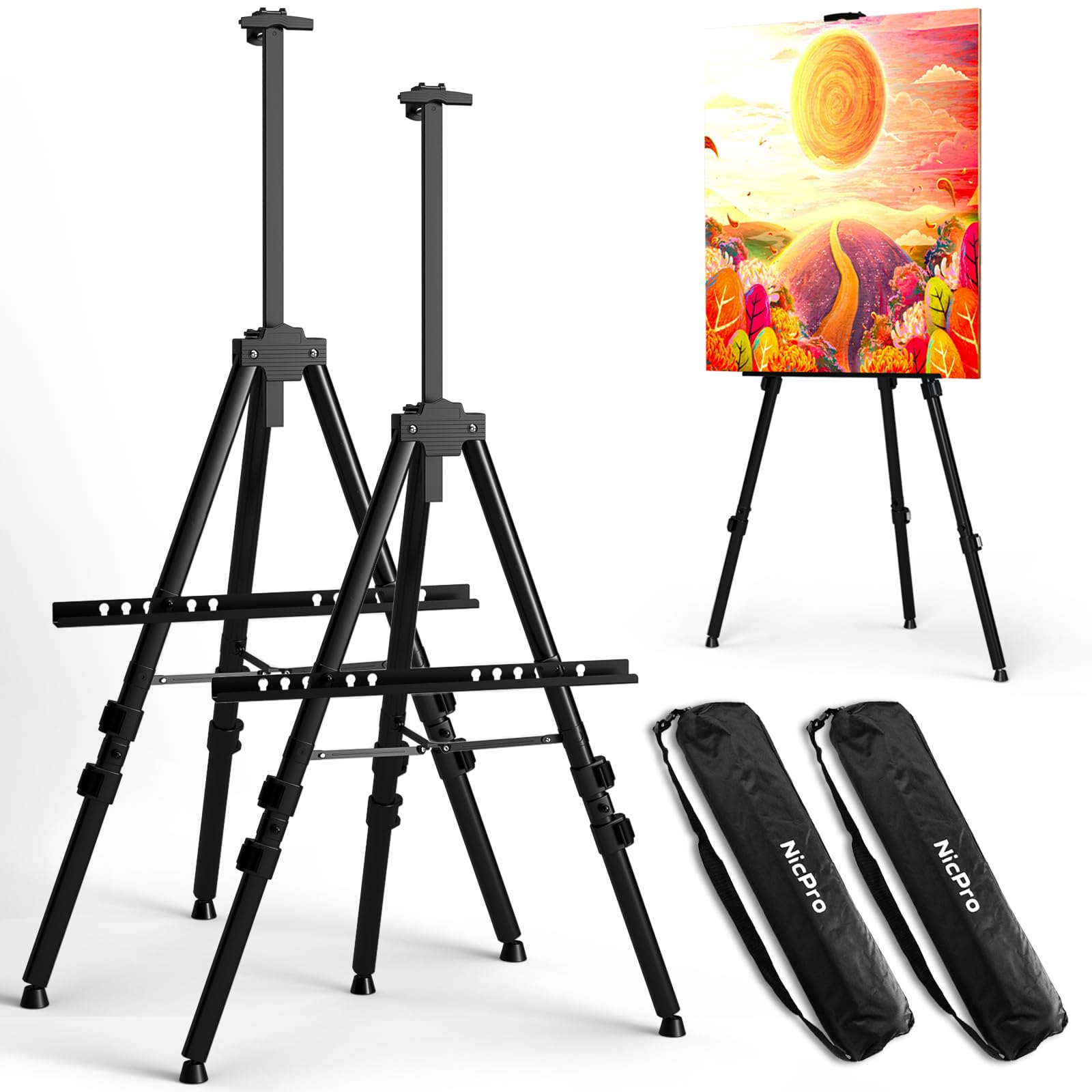 Photo 1 of 2 Pack Artist Easel Stand for Display 72", Nicpro Heavy Duty Metal Easel Adjustable Height 22-72" Tabletop & Floor Foldable Art Display Easel for Painting Canvas, Wedding Signs Poster with Carry Bag