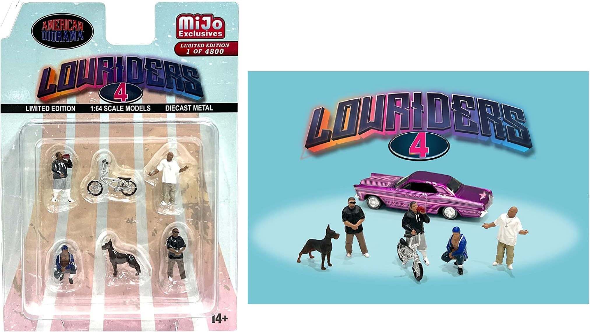 American DioramaLowriders 4" 1:64 Metal Figures Set AD-76506 (4 Figures+1 Bike+1 Dog)