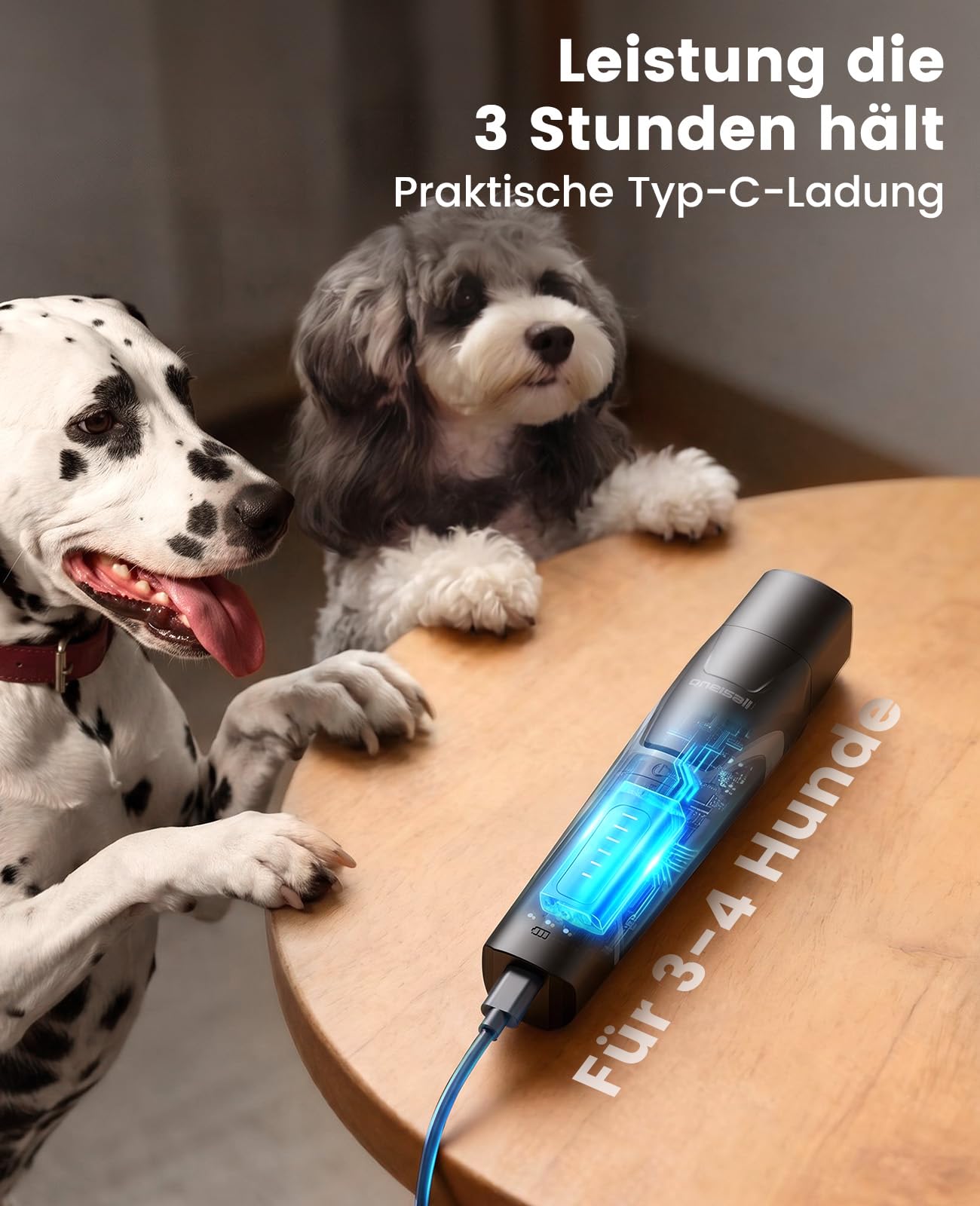 oneisall Hunde Krallenschneider mit 360° LED-Licht, Krallenschleifer für Hunde groß und klein 6 Geschwindigkeiten bis 12000rpm, leiser 40dB krallenschneider für Hunde 3 STU. Akkulaufzeit