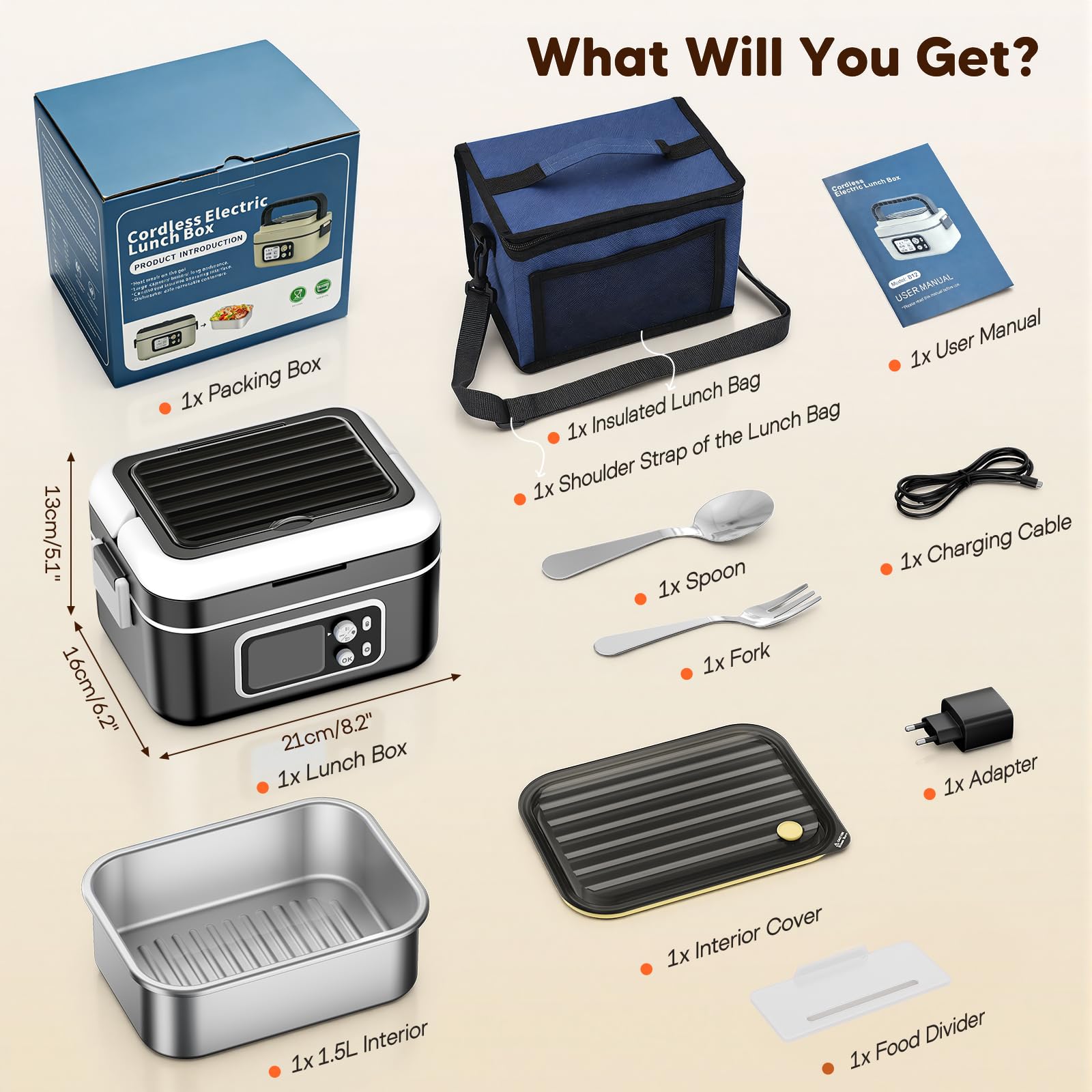 Lunch Box Riscaldato, Lunch Box Riscaldato Intelligente da 1.5L con Touchscreen, Scaldavivande Elettrico Wireless con Piatti in Acciaio Inox e Borsa Termica, Ideale per l'Ufficio/Viaggi/Campeggio
