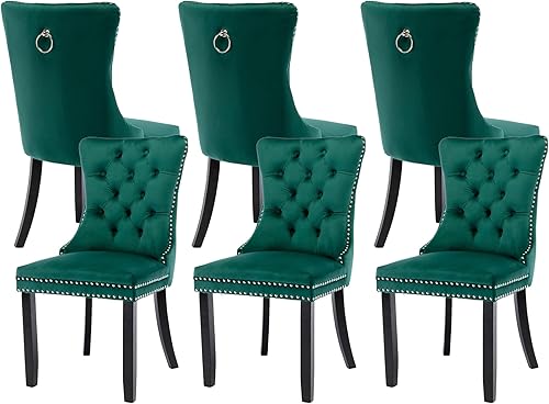 Miniatura 51 de Juego de 4 sillas de comedor de terciopelo, sillas de comedor tapizadas con ribete de cabeza de clavo, patas de madera, anillo de tracción, sillas