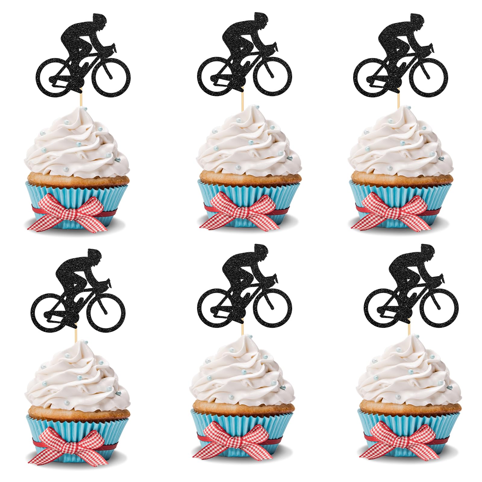 24Pcs Black Glitter Bicycle Cupcake Toppers Picks for Bike Theme Birthday Party Cake Decorations