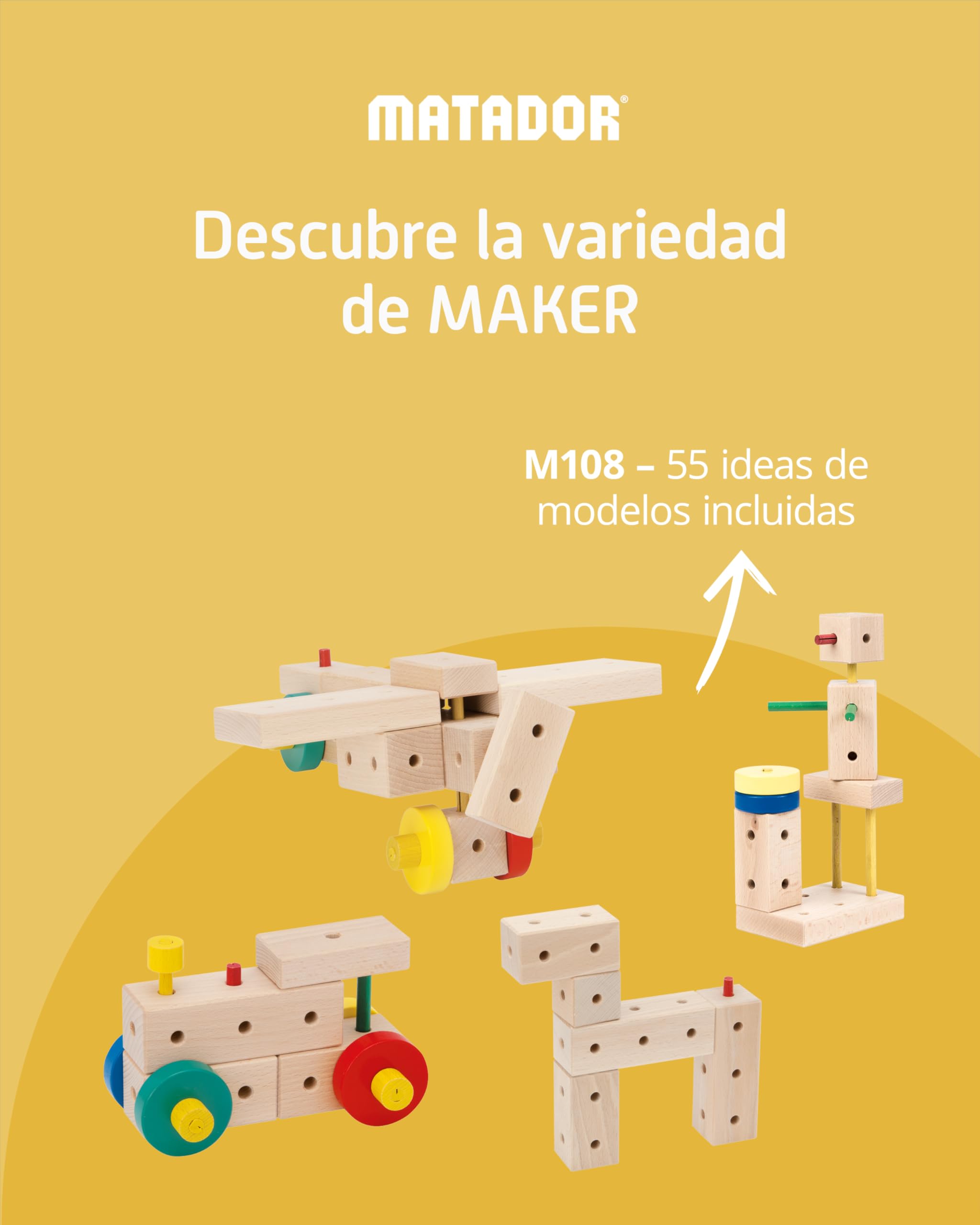 Matador Set de Construcción para Niños Desde 3 Años – 108 Piezas | Juego de construcción en Madera Atractivo para fomentar Creatividad y motricidad Fina, con Varillas, Bloques, Martillo y Pinza