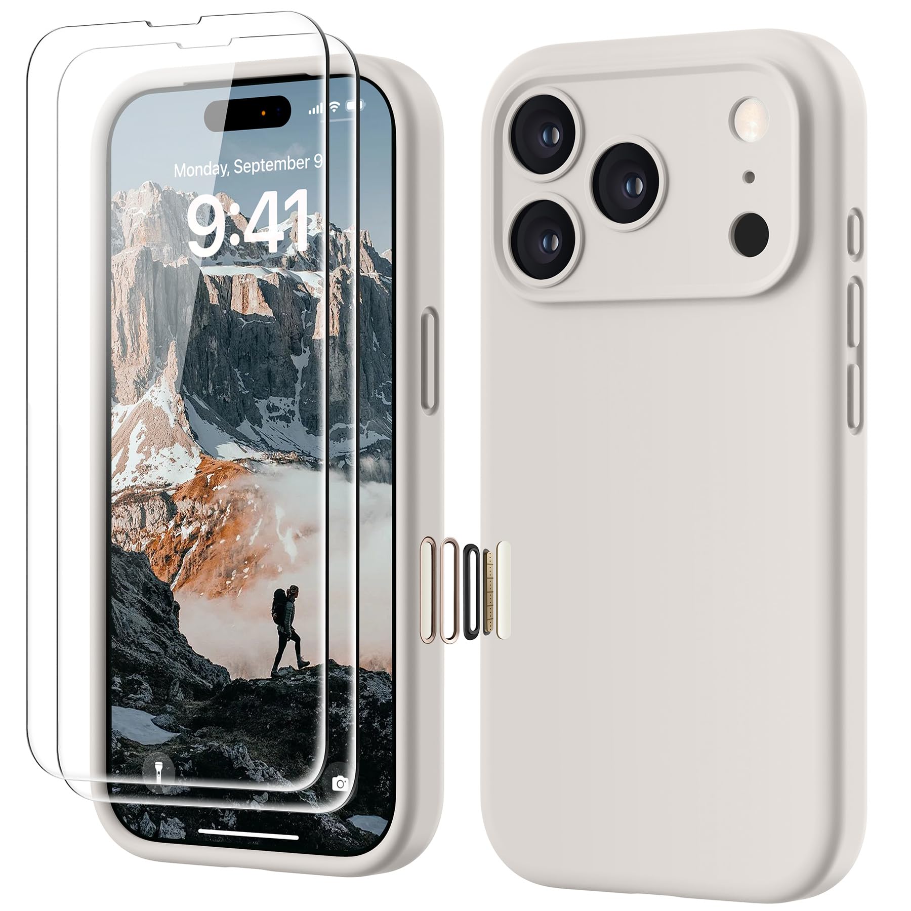 GOODVISH Silicone Cover per iPhone 17 Pro 6.3", Custodia con 2x Vetro Temperato [Pulsante Controllo Fotocamera] 360° Protezione Anticaduta Case per Cellulare Antiurto Resistente, Grigio Pietra