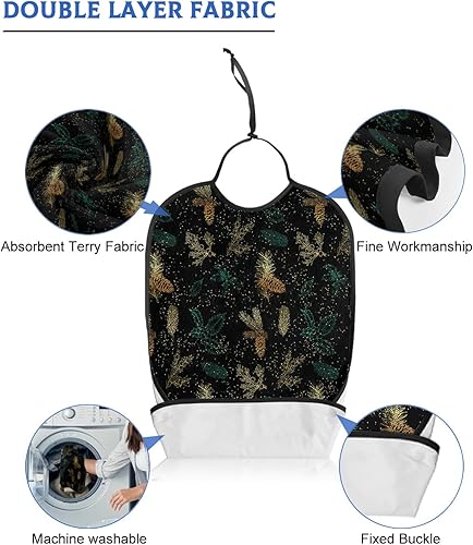 Miniatura 5 de Babero de pino dorado para adultos, hombres, mujeres, lavable y ajustable, con atrapa migas, reutilizable, impermeable, protector de ropa, delantal,