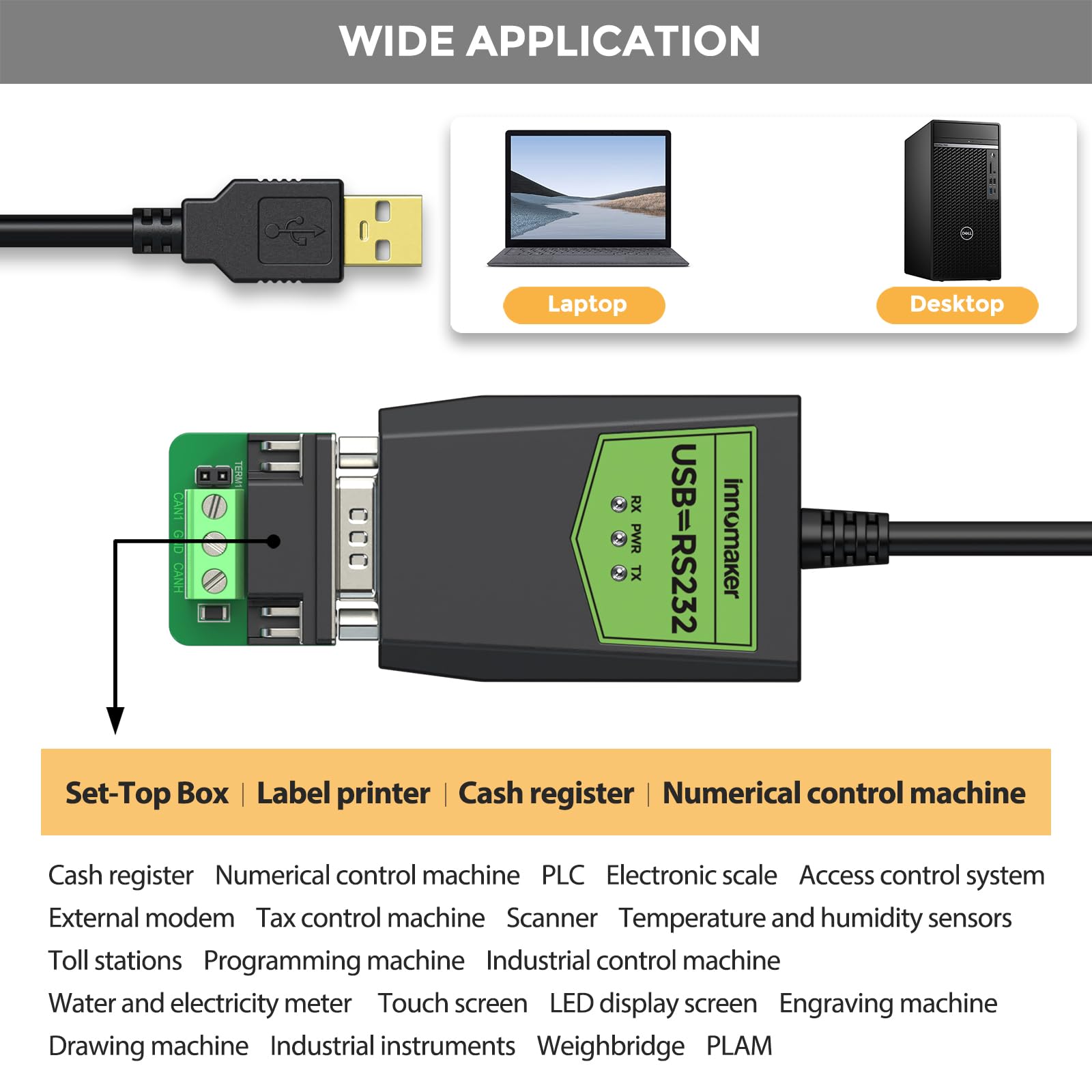 InnoMaker Przemysłowy adapter USB na szeregowy RS232, USB na DB9 męski, Chipset FTDI, Ochrona ESD, Izolacja sygnału/zasilania, Zgodny z Windows 11,10,XP, Mac OS, Android, Linux