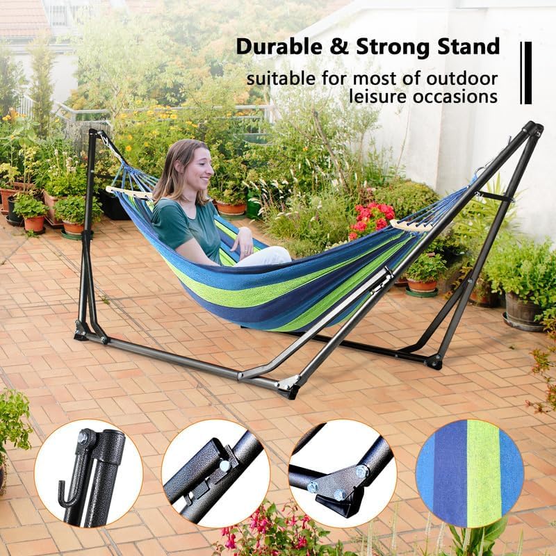Image of Dolphy Foldable Hammock with Stand | Portable with Metal Frame, 2 in 1 Hammock Net Stand | Chair Stand with Carry Bag | for Patio, Garden, Yard (Green /Blue)
