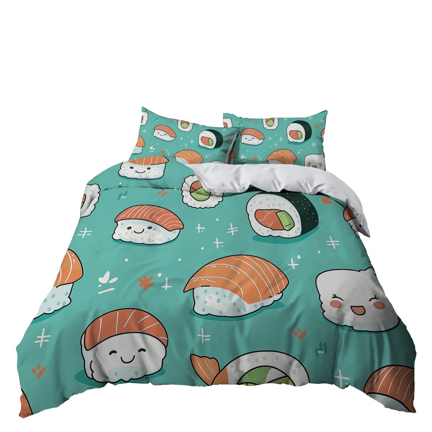 Parure de Lit Imprimée Sushi Kawaii Turquoise, Housse de Couette 200x200 cm + 2 Taies d'Oreiller 65x65, Microfibre Confort Résistant aux Taches Facile à Entretenir, Set Complet pour 2 Personnes