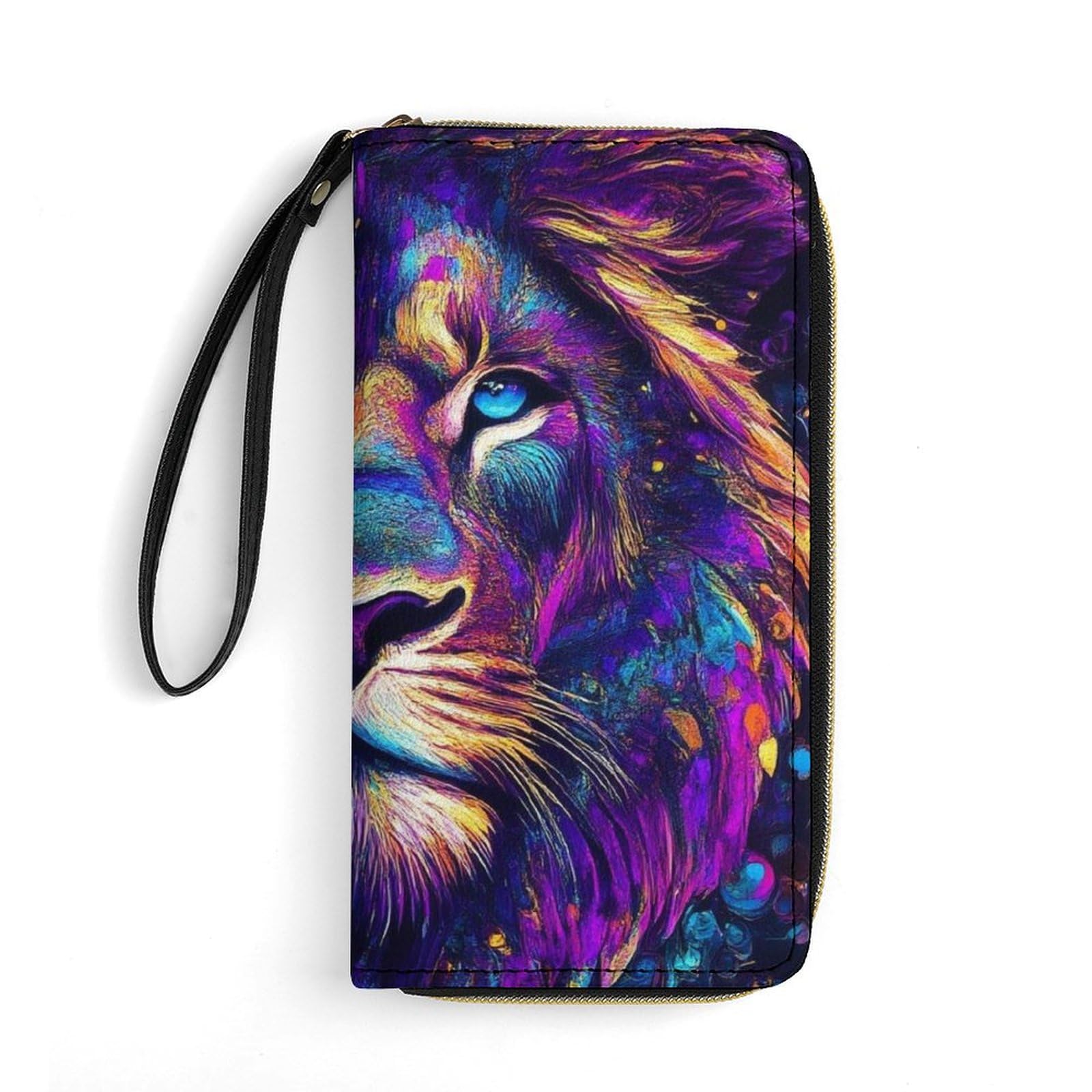 PU Leather Long Wallet, Waterproof Zipper Credit Card Holder Trippy Animal King Cool Lion Art Compact Card Organizer with Multiple Slots