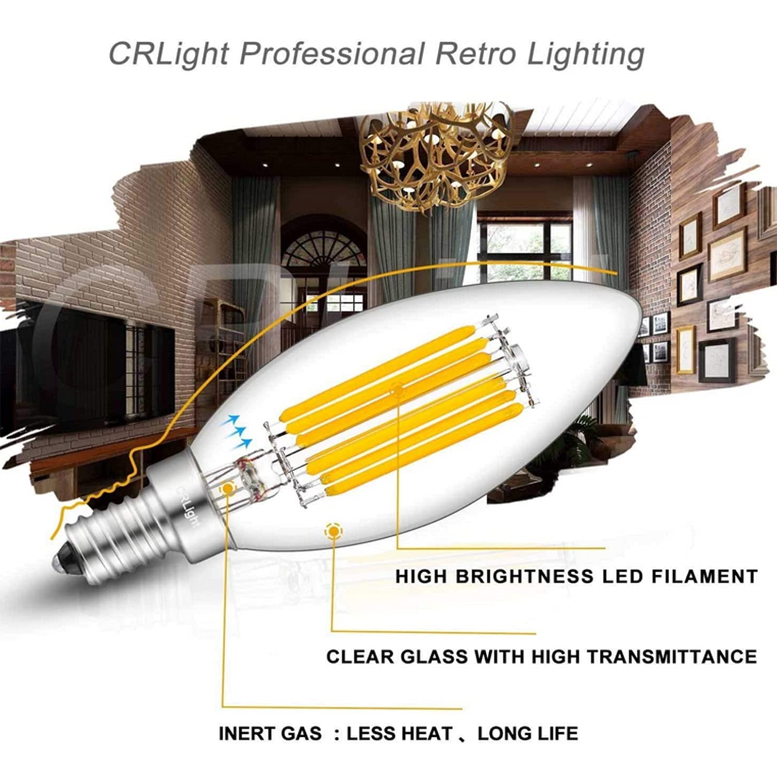 Bombilla candelabro LED regulable 6 W, bombillas filamento Edison vintage C35, bombillas candelabro alto brillo regulables con boca rosca E12 600 lm, vidrio transparente, paquete 4