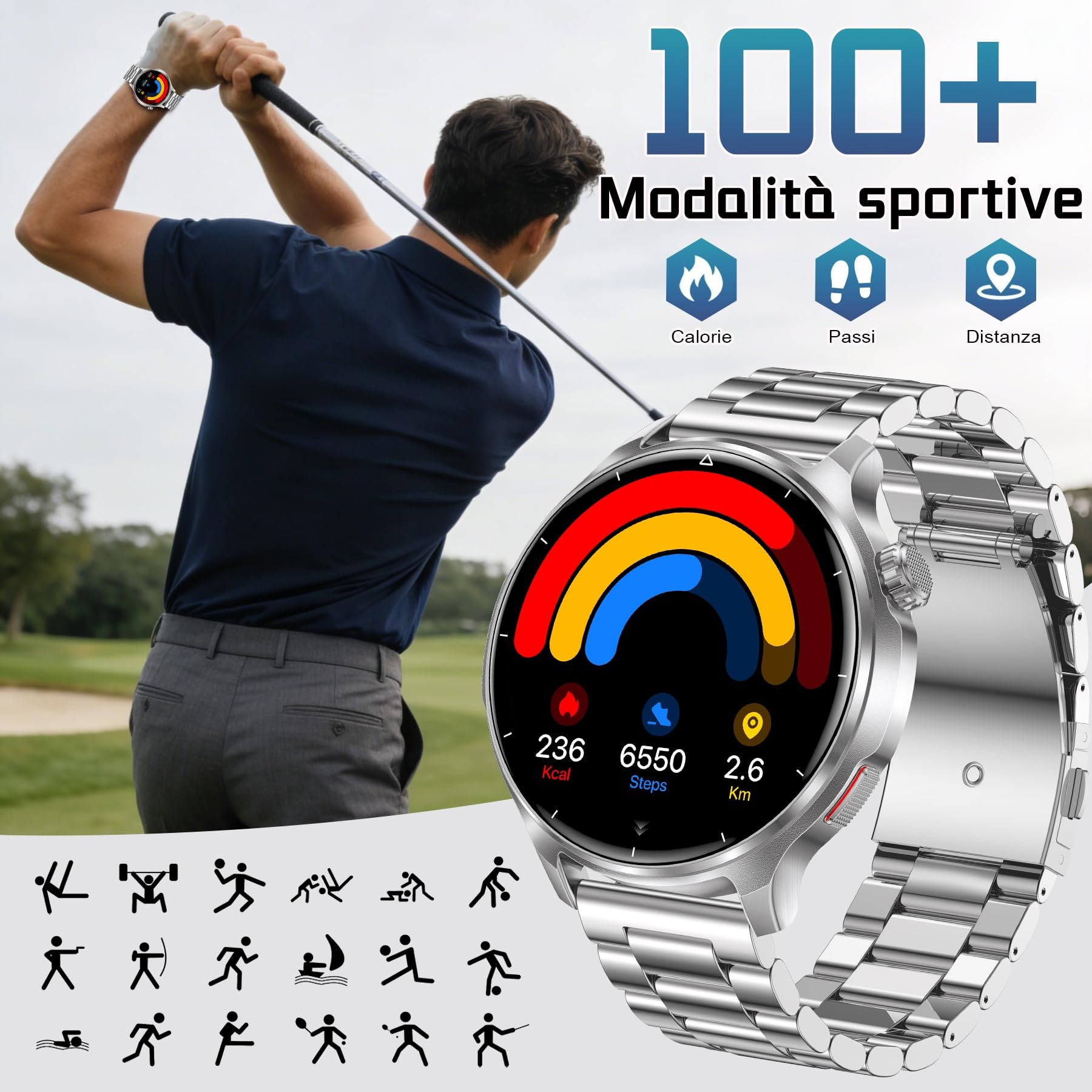 Smartwatch Uomo con Chiamate Bluetooth,1000mAH Batteria,1.52" HD | Orologio Intelligente Fitness con Sonno, Cardiofrequenzimetro, 100+ Sportive, IP68 Smart Watch per Android iOS Argento