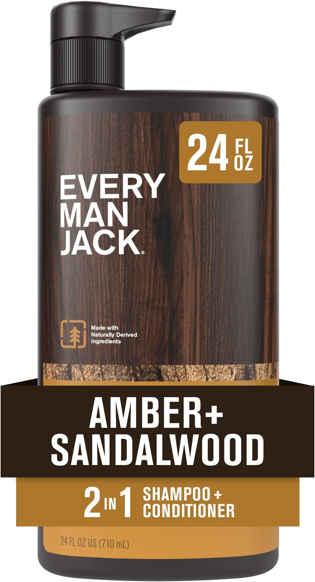 2-in-1 Shampoo + Conditioner for Men - Amber + Sandalwood | Nourishing For All Hair Types, Naturally Derived, Cruelty-Free | Cleanse + Moisturize | 24oz -1 Bottle
