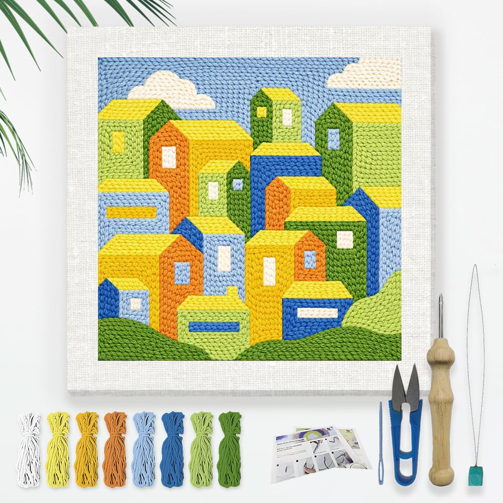 DOODLREAM Colorful Buildings Punch Needle Kit for Beginner 24 x 24 cm