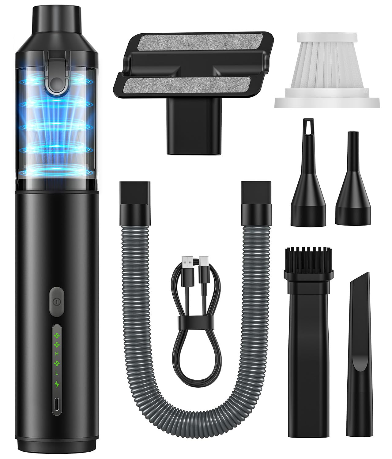 Car Vacuum Portable Cordless Handheld Vacuum Cleaner 4-in-1 Mini Cordless Vacuum with 2 Suction Modes and 16800pa Suction Power Blowing & Inflating