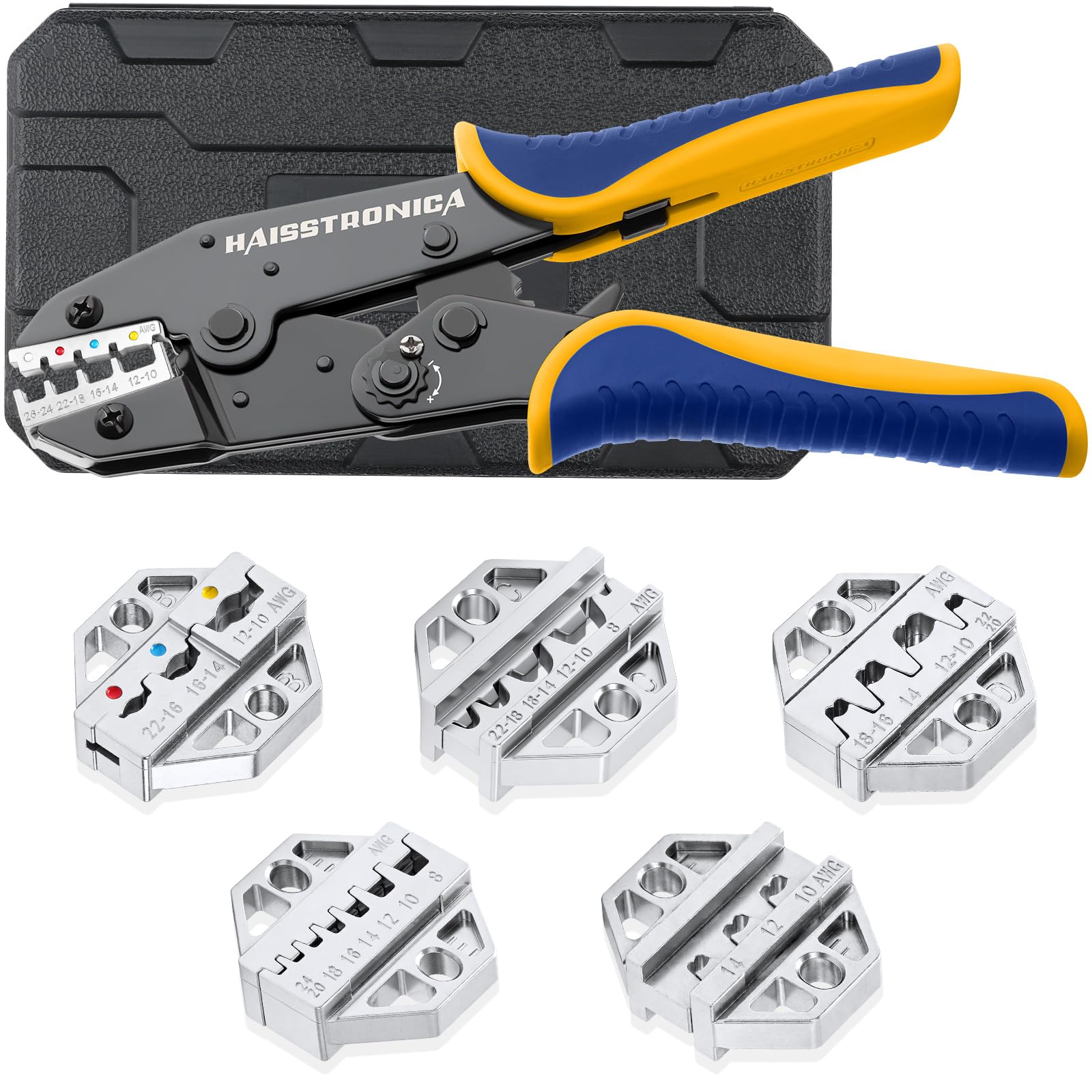 haisstronica 6PCS Crimping Tool Set - Ratchet Wire Crimping Tool for Heat Shrink,Insulated Nylon,Non-Insulated,Ferrule Wire End,Open Barrel Terminals,Solar Connectors