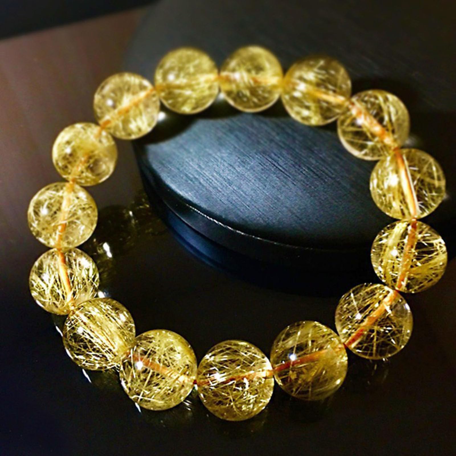 Bracciale con Pietra preziosa curativa citrino, Cristalli Bracciale con Perline Chakra Naturali Perline di Cristallo Regolabili Quarzo rutilato Dorato Perline di Pietra Lisce,6MM