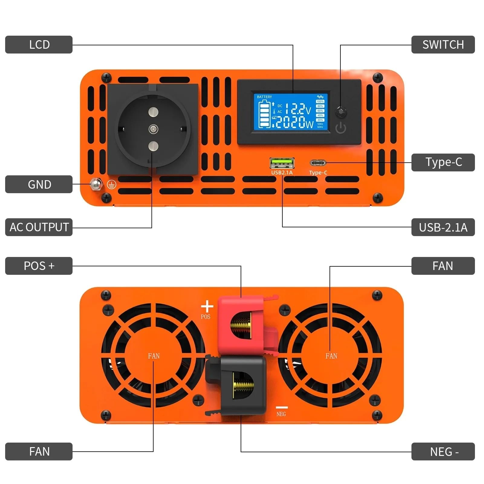 con Inversor De Onda Sinusoidal LCD 4000W DC 12V 24V 36V 48V 60V 72V A AC 220V 240V Potencia Continua 2000W Transformador Inversor Onda Pura