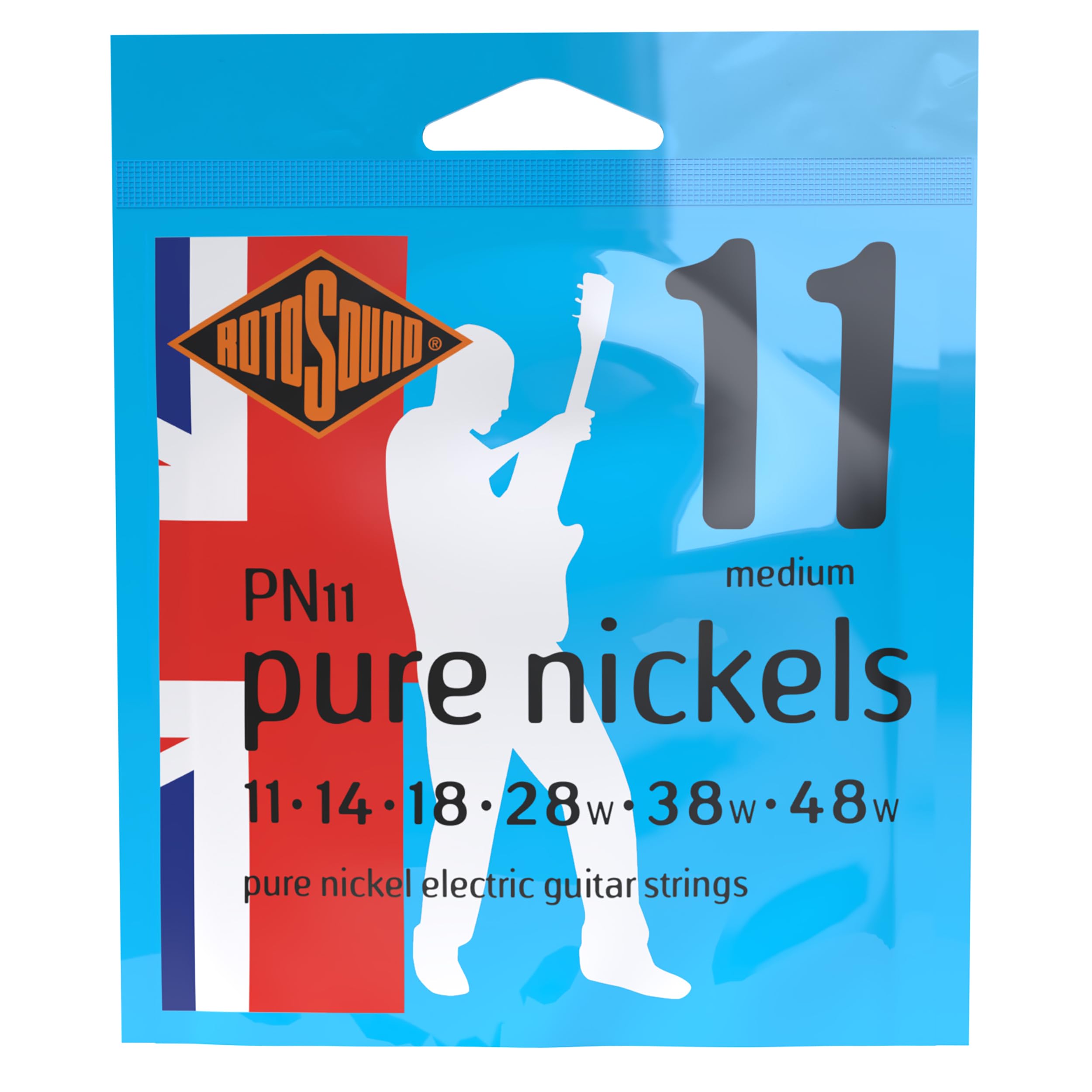 Rotosound Pure Nickel Medium Gauge Electric Guitar Strings (11 14 18 28 38 48), PN11,White Black Red Blue