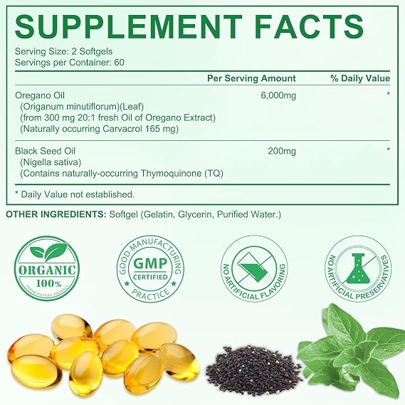 Oil of Oregano Softgels 6000mg Per Serving 120 Count | 2 in 1 Formulated with Black Seed Oil 200mg, Natural Antioxidants 4X Strength Carvacrol & Thymoquinone | Plant Based, Non-GMO