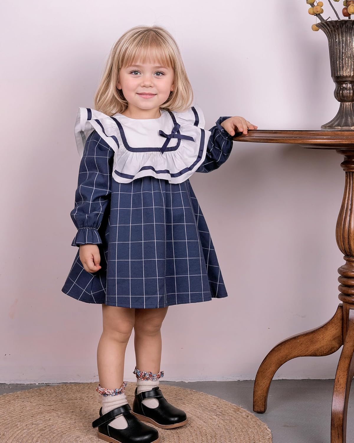 Twoflower Toddler Girls Vintage Plaid Dress | Soft Cotton Princess Ruffle Dress with Bow | Long Sleeve Fall Heirloom Outfit - Image 6