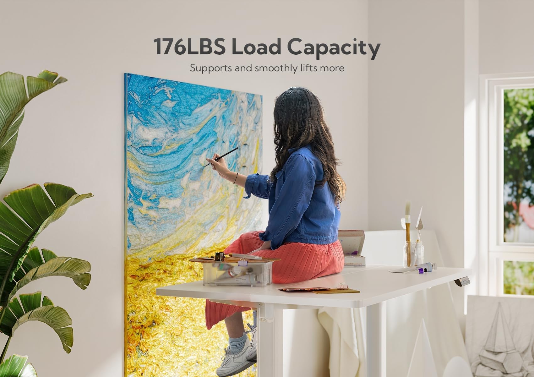 Claiks Biurko do pracy na stojąco, z elektryczną regulacją wysokości, do siedzenia, z tablicą złączeniową, 112 x 61 cm, biała rama, biały blat