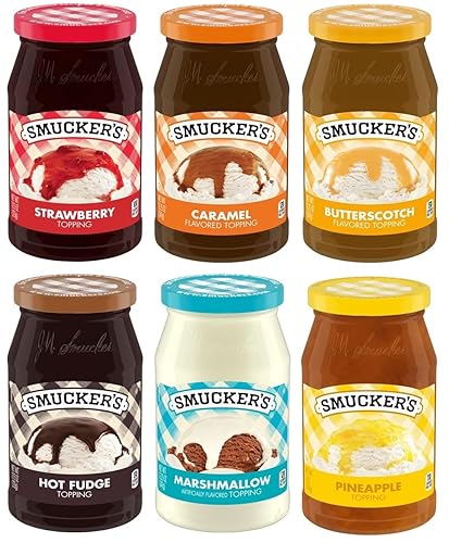 Smuckers - Toppings saborizados, fresa, caramelo, caramelo, caramelo caliente, malvavisco y piña, 12 onzas (paquete de 6) - con esparcidor de bambú
