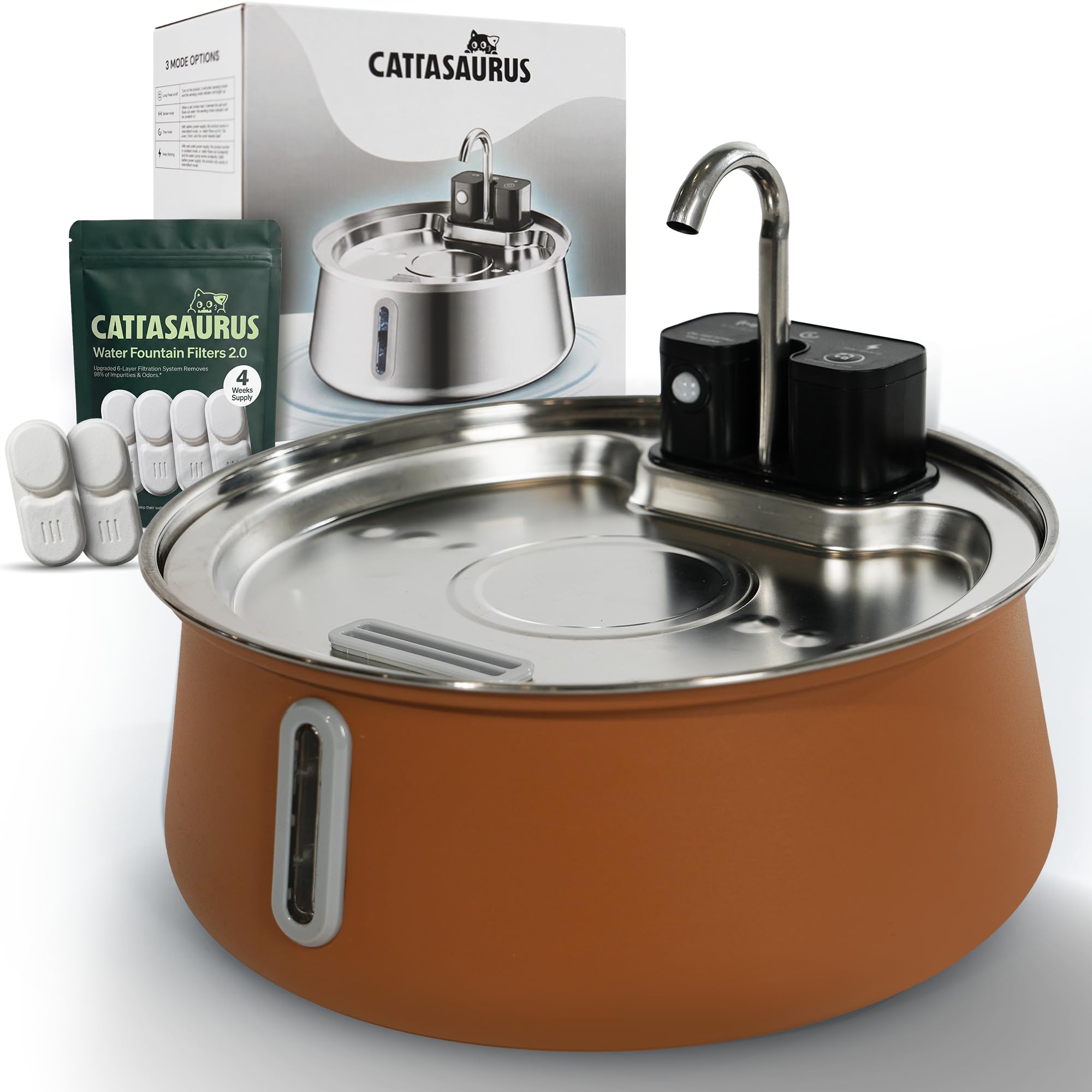 Cattasaurus Wireless 304 Stainless Steel Cat Water Fountain, 4L/135Oz Automatic Cat Drinking Fountain (Coffee, Fountain + 6 Filters (6-Week Supply)) — image 1