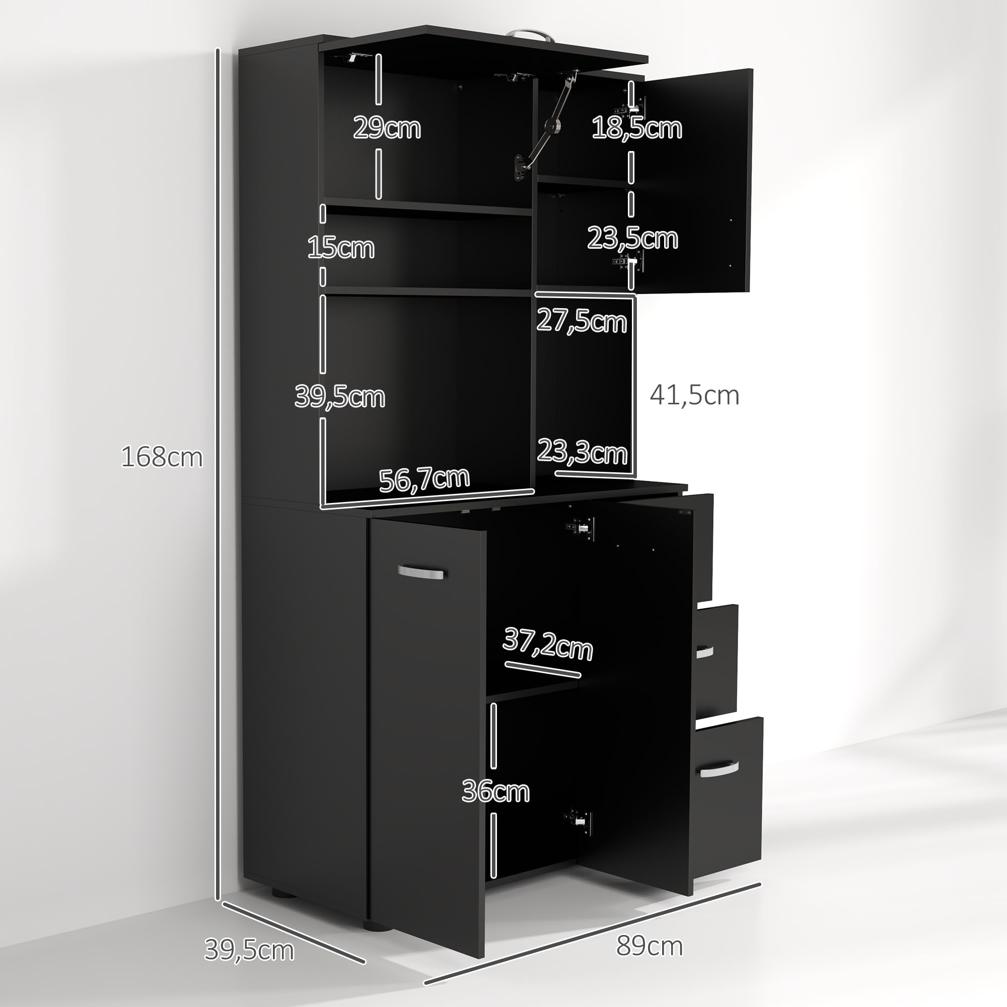HOMCOM Armoire de Cuisine Multi-rangements 4 Portes 3 tiroirs étagère + Grand Plateau 89L x 39,5l x 168H cm Noir