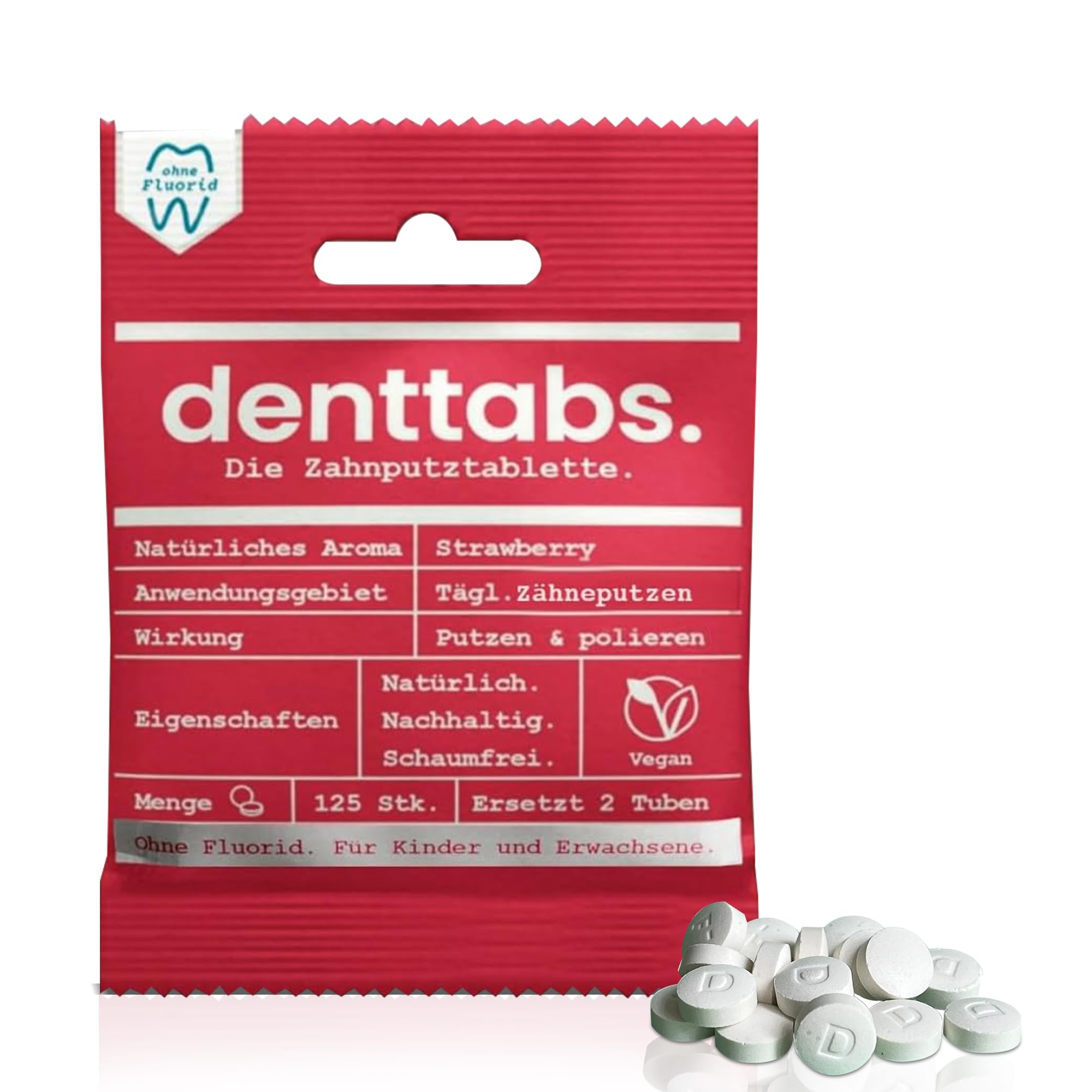 Children's Strawberry Toothbrush Tablets Plastic-Free Without Fluoride (Pack of 125)