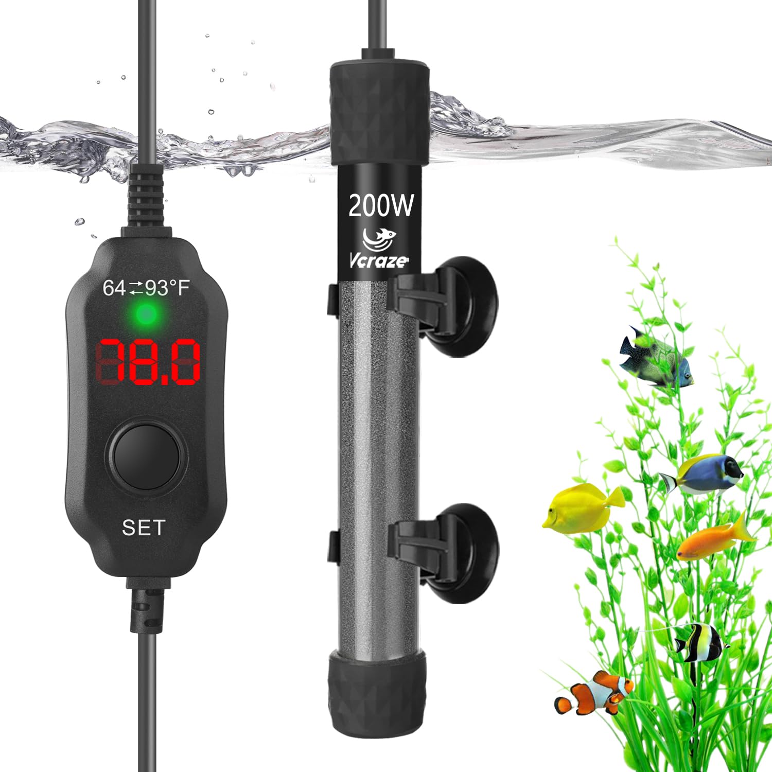 VCRAZE Super Compact 200W Fish Tank Heater, Submersible Aquarium Heater with LED Digital Display Thermostat, Adjustable Fish Heater for 20-40 Gallon