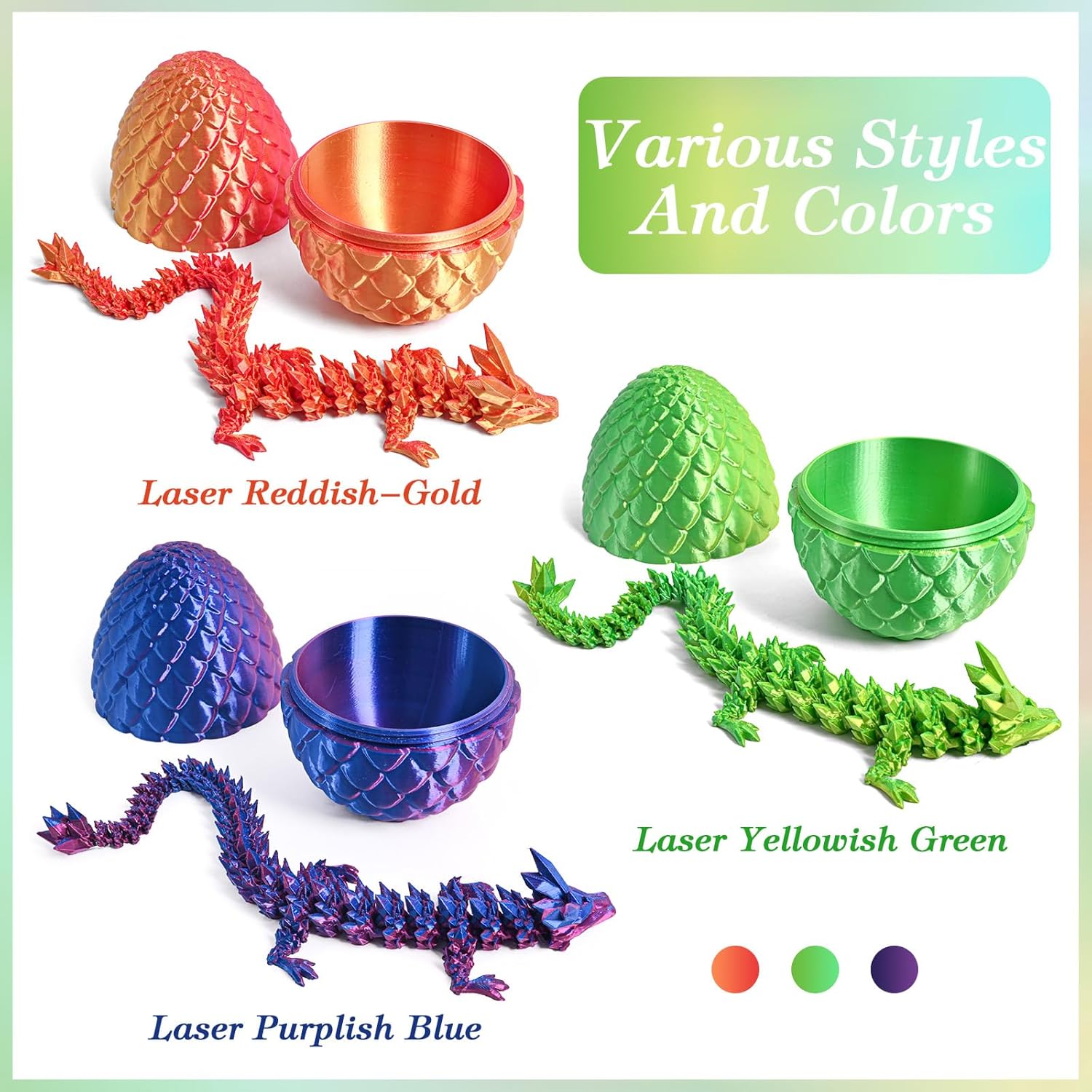 3D Printed Easter Dragon Eggs - Cool Crystal Dragon - Funny and mysterious toys - Essential Easter Basket Stuffers - Dragons with flexible joints (12in,Laser Purple Edition[Dragon & Dragon Egg]）
