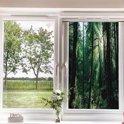Miniatura 4 de Película de vidrio esmerilado para ventana de naturaleza, película de vidrio esmerilado, puesta de sol en bosque, árboles del bosque, paisaje