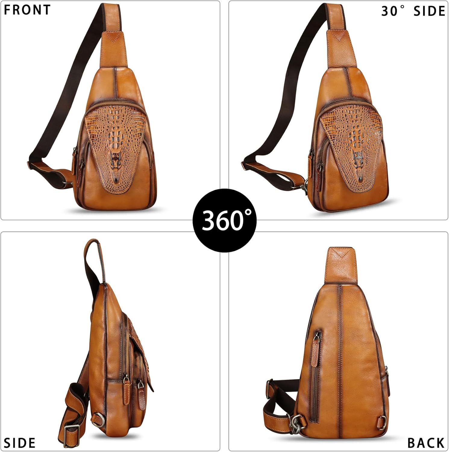 Genuine Leather Sling Bag Embossed Crocodile Pattern Leather Crossbody Sling Backpack Handmade Chest Purse Daypack (Brown) - Image 5