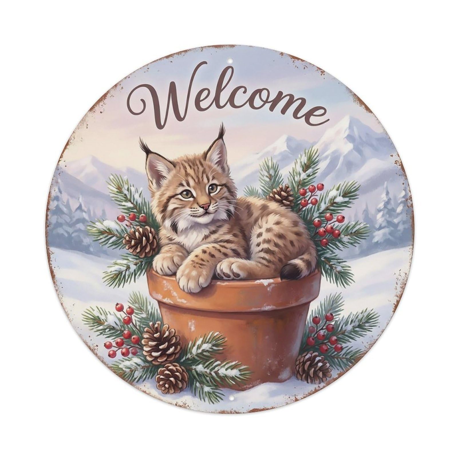 Welcome Lynx Snowy Pines Metal Tin Sign