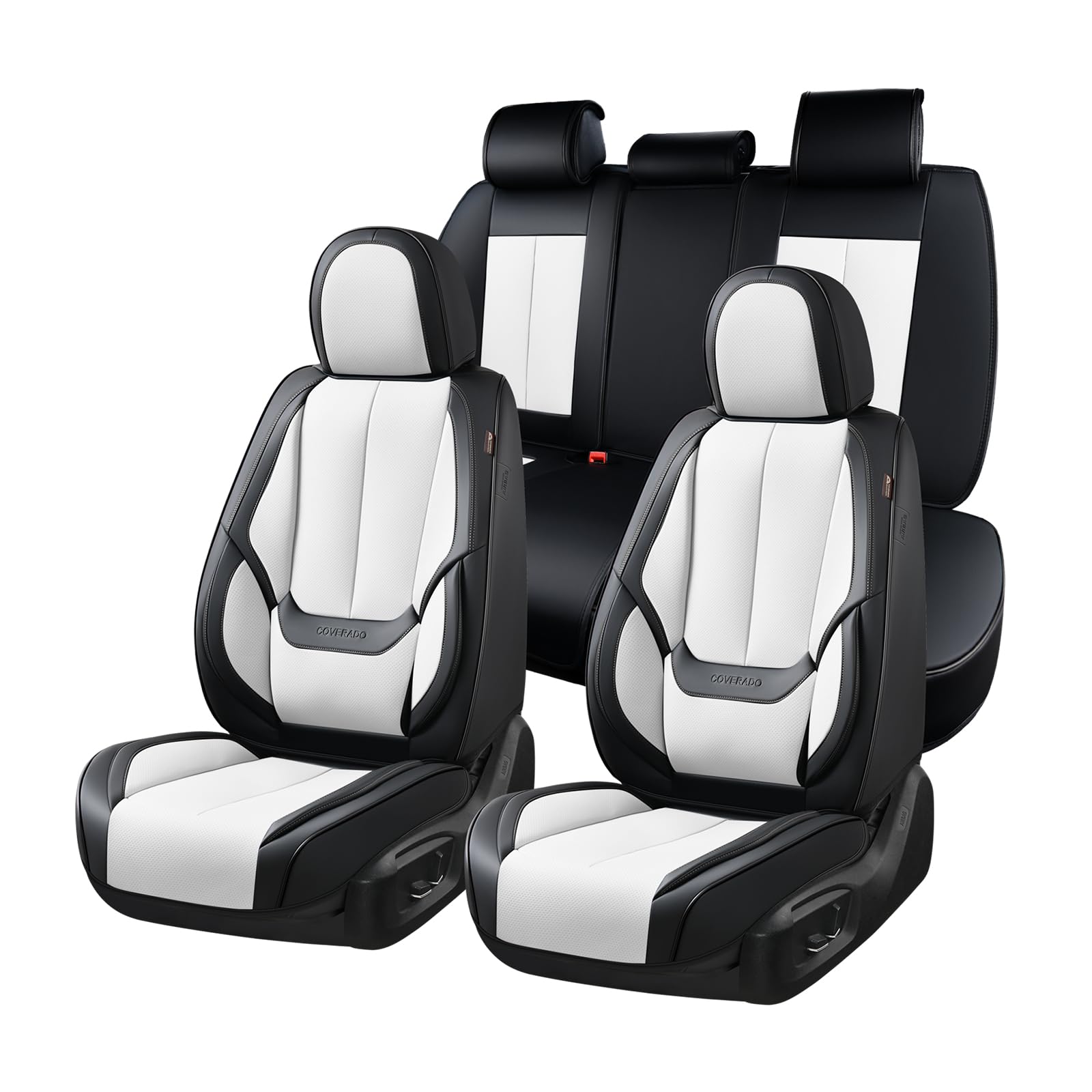 Coverado Seat Covers, Car Seat Covers Full Set, Leather Seat Covers for Cars, Car Seat Protector, Black Car Seat Covers Front Seats and Back Seats Universal Fit for Most Cars White