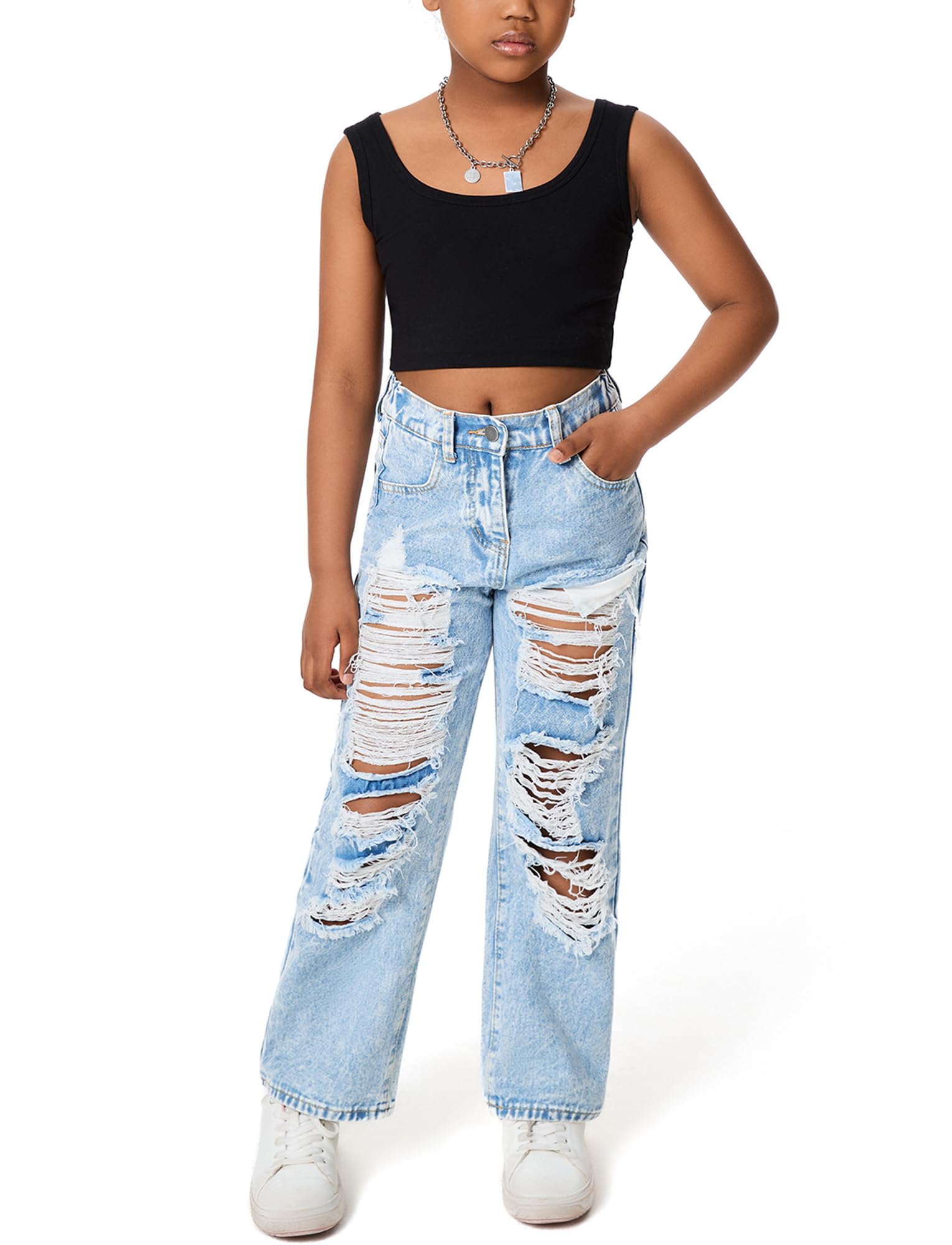 Maeau Jeans casual a gamba larga da ragazza con elastico in vita pantaloni in denim strappati larghi per bambini pantaloni in denim invecchiato vestibilità ampia