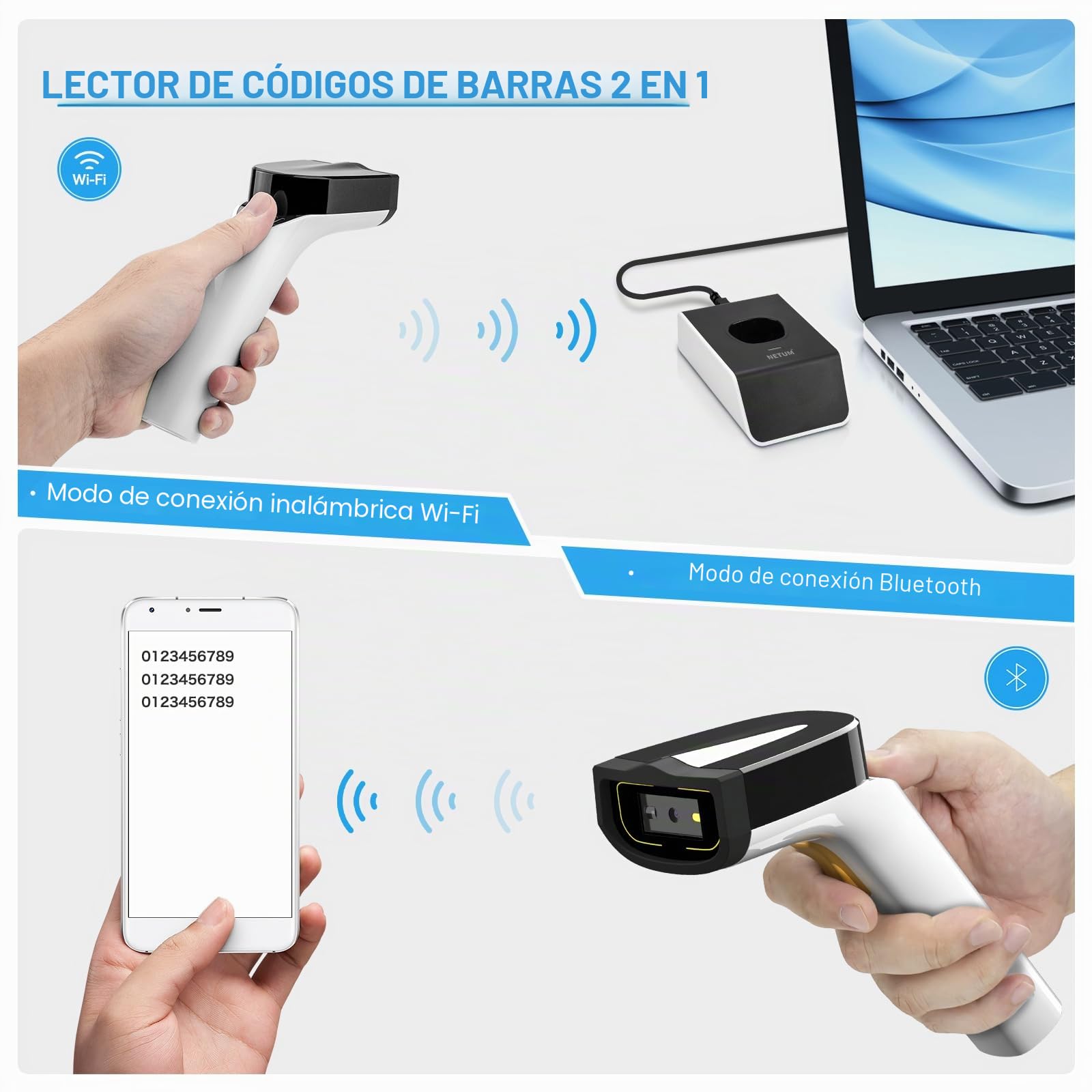 NETUM Escáner de código de Barras inalámbrico Wi-Fi 2D Conéctese con protocolos de Red TCP UDP, Lector de código de Barras de detección automático 1D 2D QR pdf417 inventario, Industria POS