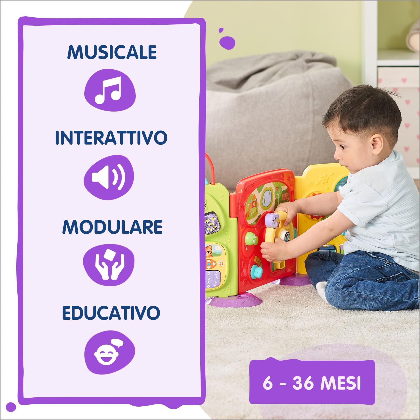 VTech Il Mio Primo Centro Attività, Centro Attività 3 in 1 con 2 Canzoni e 10 Melodie, Sviluppo Motricità Fine, Spegnimento Automatico, Lingua Italiana, Batterie Incluse, 6-36 Mesi
