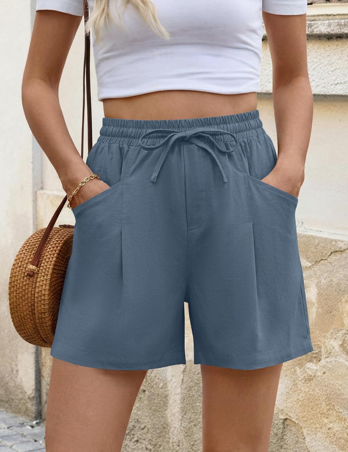 AKEWEI Linen Shorts Women Casual Wide Leg High Waisted Summer Pants Comfy Elastic Waist Drawstring Shorts with Pockets - Image 4