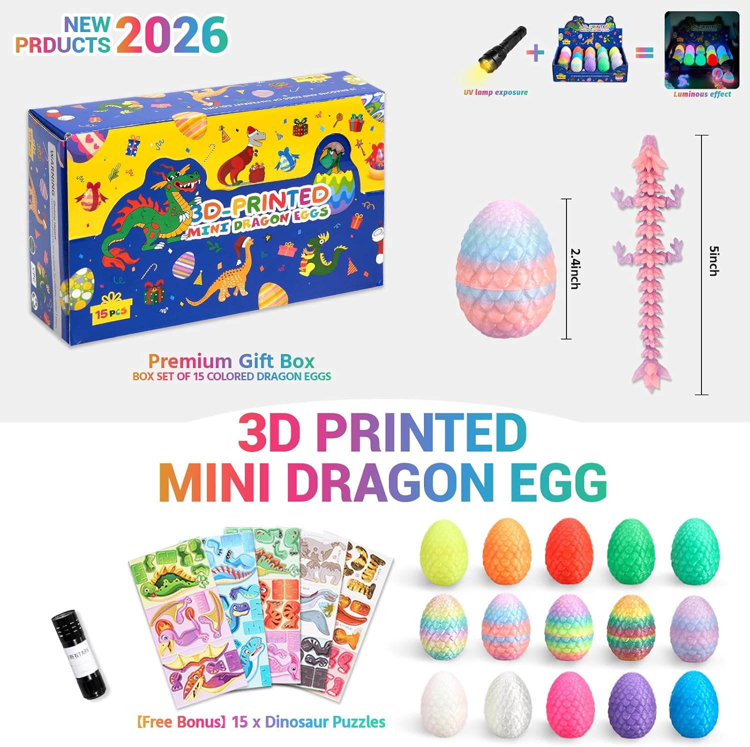 15Pcs 3D Printed Dragon Eggs with Mini Articulated Dragons Inside, Glow in the Dark Surprise Fidget Toys, Crystal Dragon Egg , Birthday Party Favors Classroom Prizes Gift for Kids Boys Girls 6 8 10 12