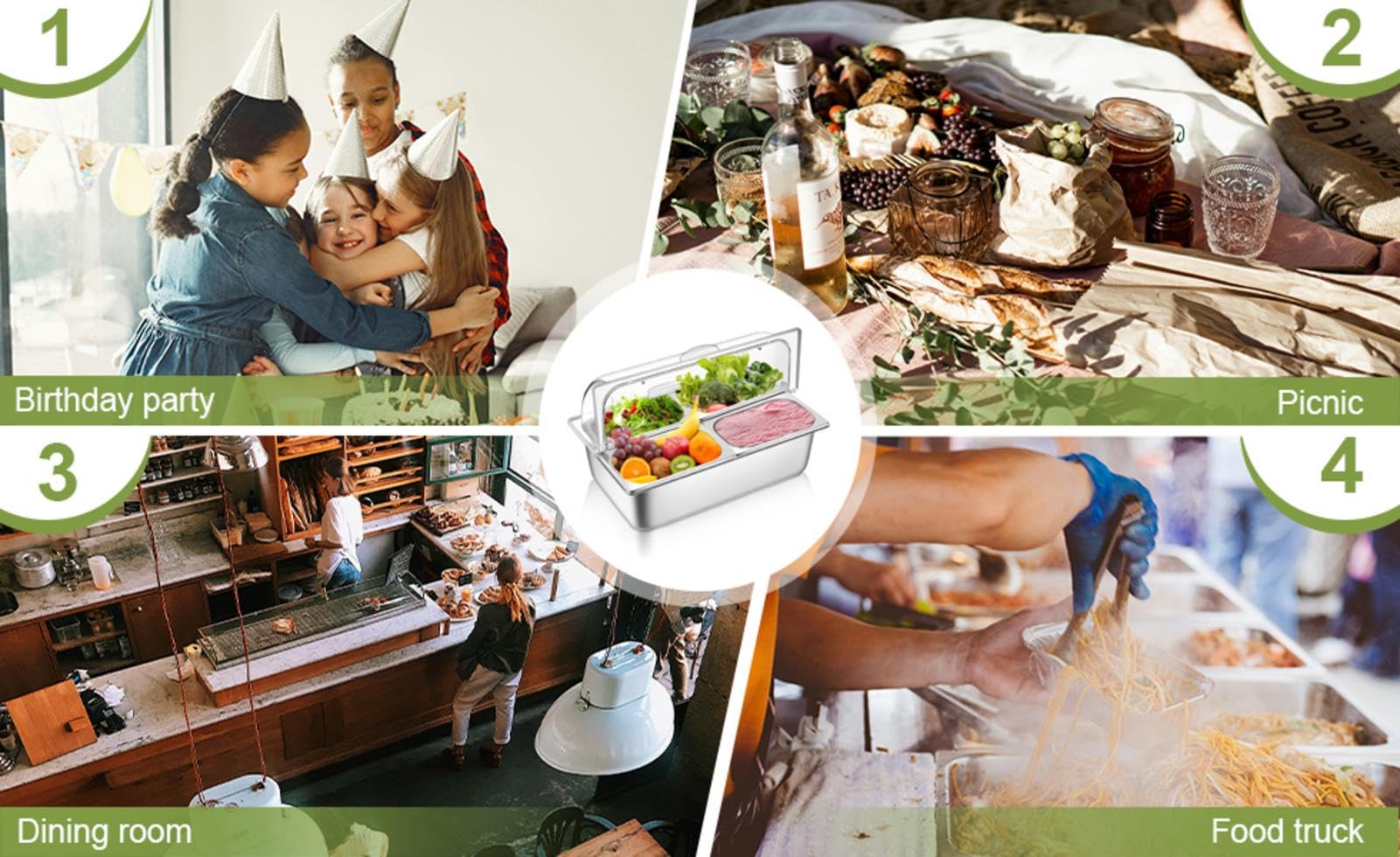 Vitrina de acero inoxidable con cuatro compartimentos para servir alimentos, dispensador de condimentos, bandeja individual de 4 L, para restaurante, hotel, kitch
