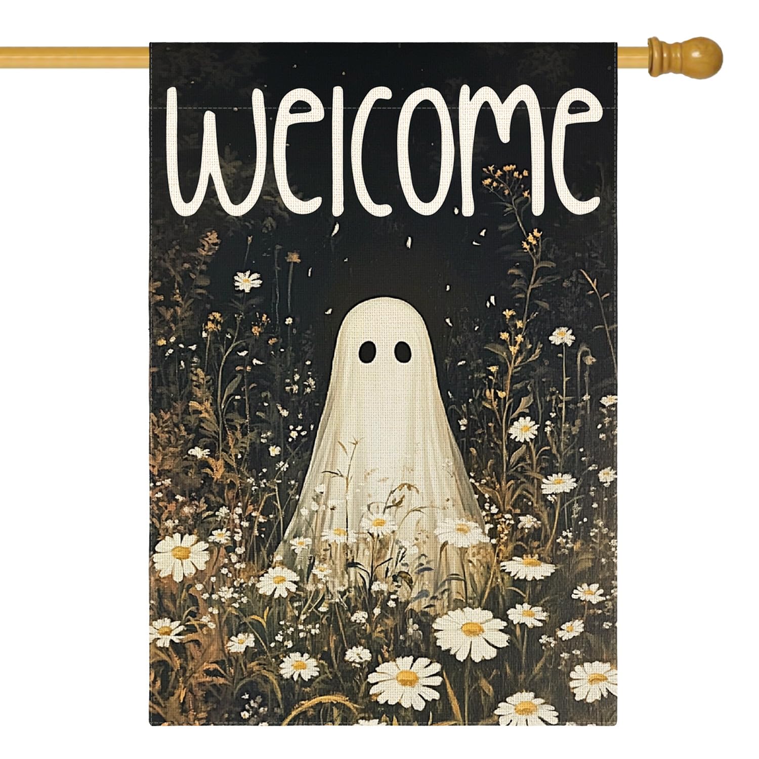 Drapeau d'Halloween extérieur résistant au vent motif fantôme de bienvenue