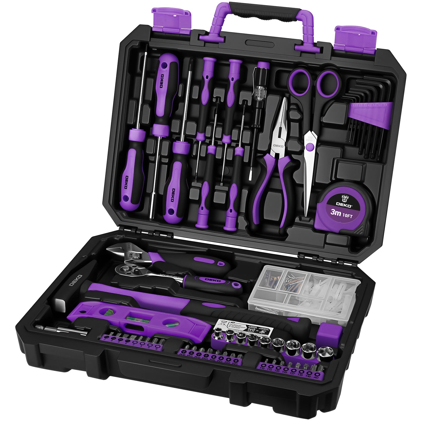 DEKO 138 Piece Tool Kit Complete Home Tool Set with Claw Hammer, Adjustable Wrench, Combination Pliers, Screwdriver Set, Tape Measure - Basic Household Repair Toolbox for DIY Projects,(Purple)