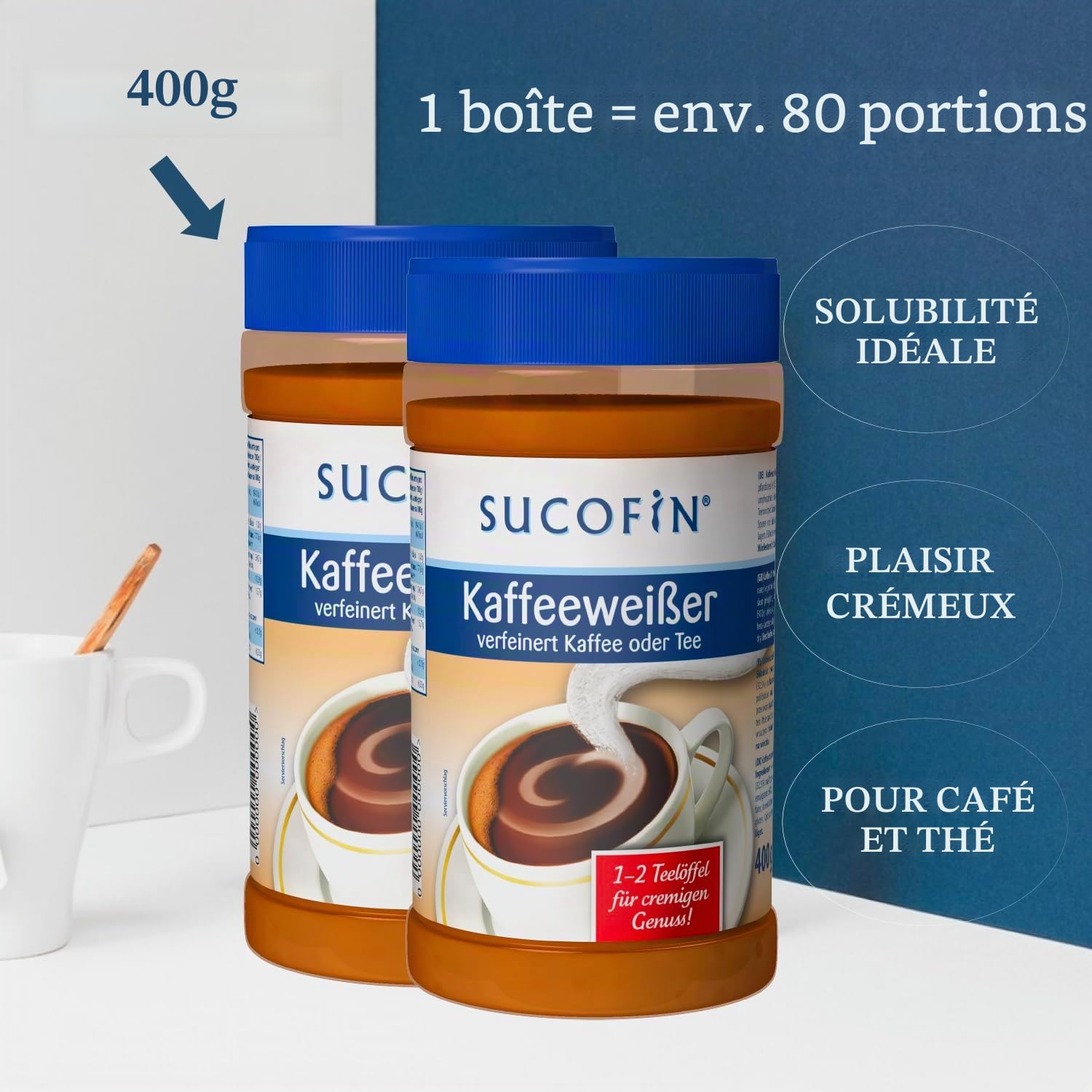 SUCOFIN Lot de 6 boîtes de 400 g de café blanc - Pour affiner le café et le thé facilement solubles - Longue durée de vie - Remplacement parfait du lait en poudre - Lot de 6 pour un plaisir crémeux